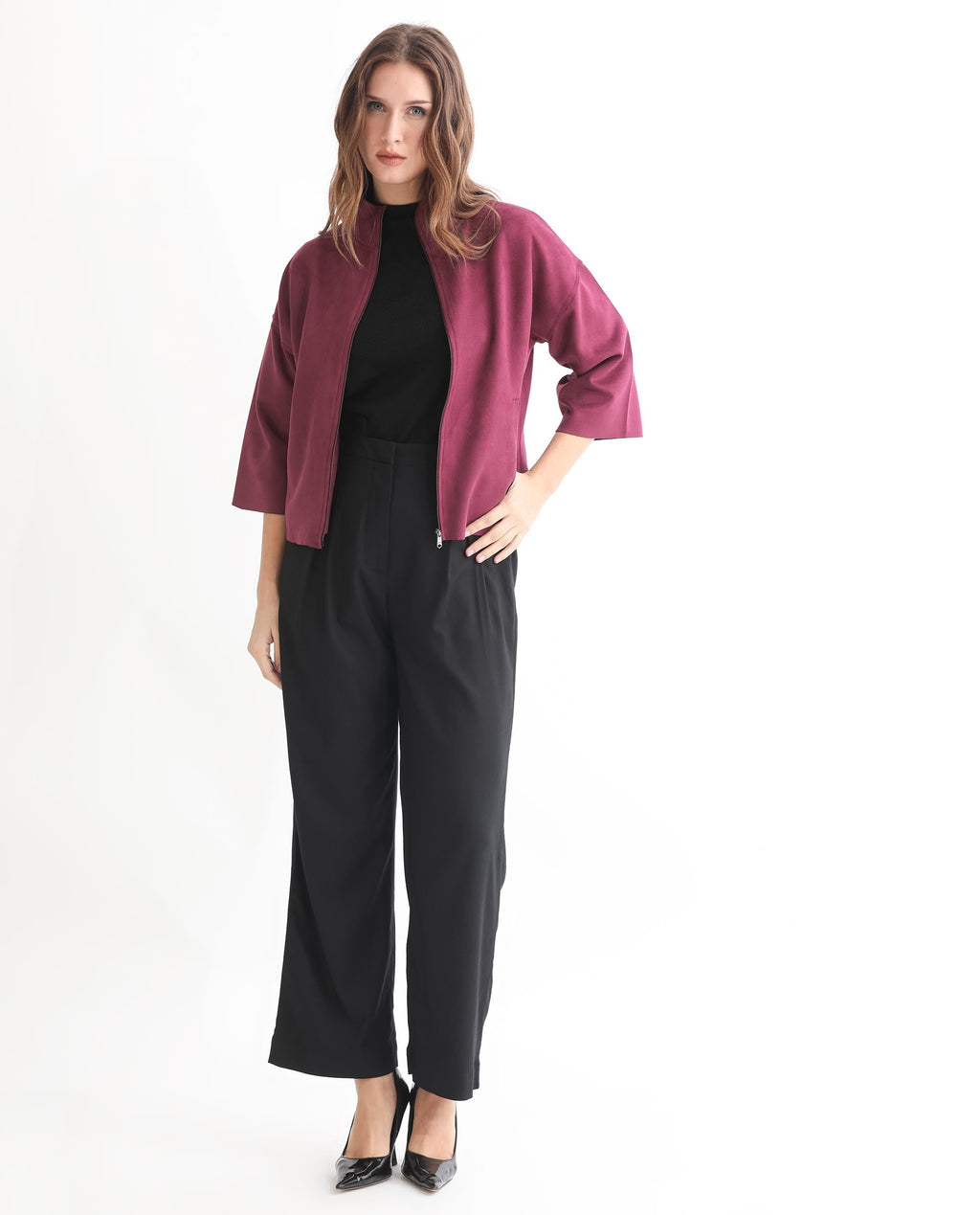 Rareism Women's Vasu 1 Pink Suede Mandarin Collar Plain Regular Fit Jacket