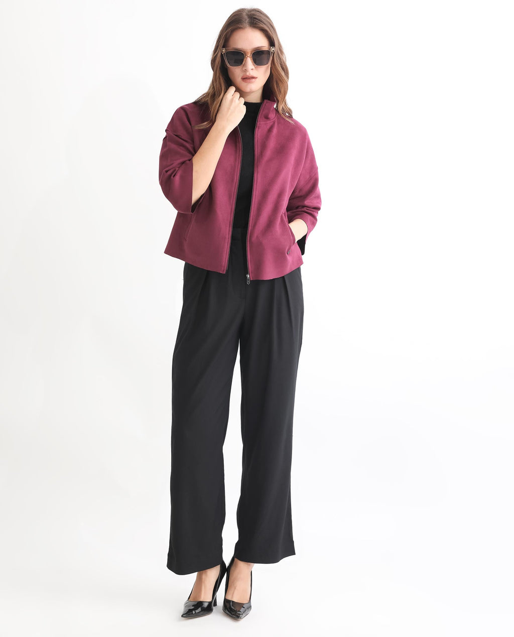 Rareism Women's Vasu 1 Pink Suede Mandarin Collar Plain Regular Fit Jacket