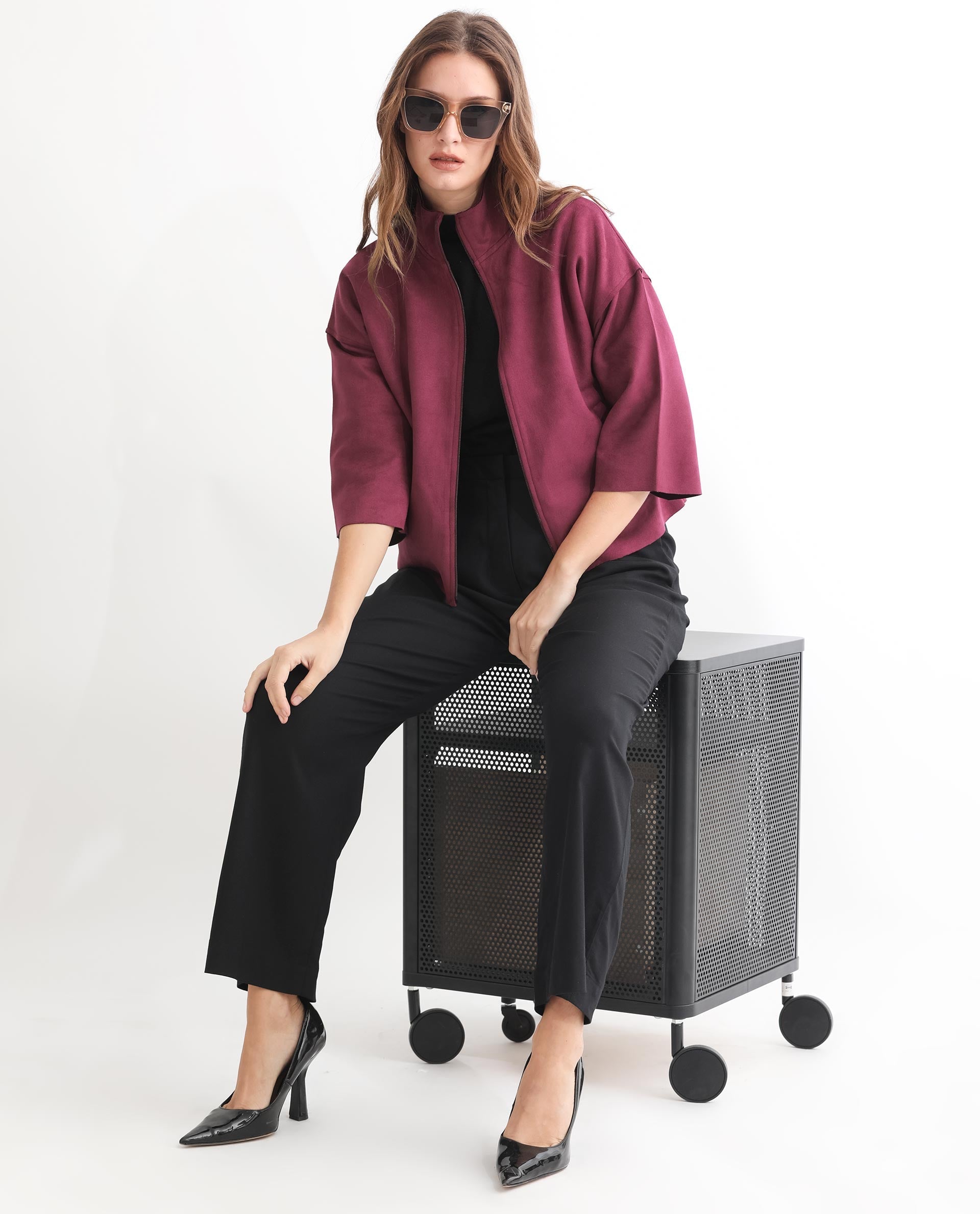 Rareism Women's Vasu 1 Pink Suede Mandarin Collar Plain Regular Fit Jacket