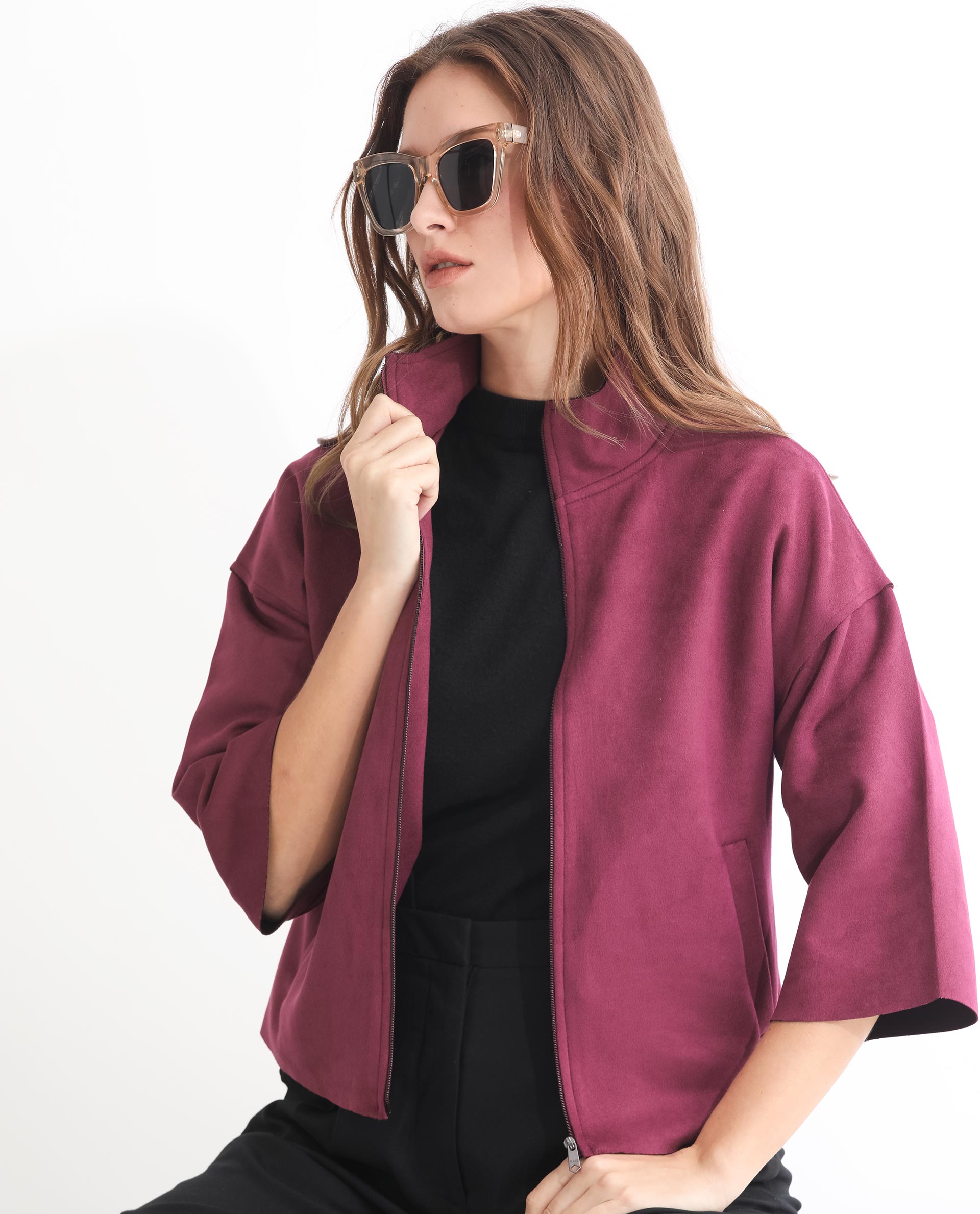 Rareism Women's Vasu 1 Pink Suede Mandarin Collar Plain Regular Fit Jacket