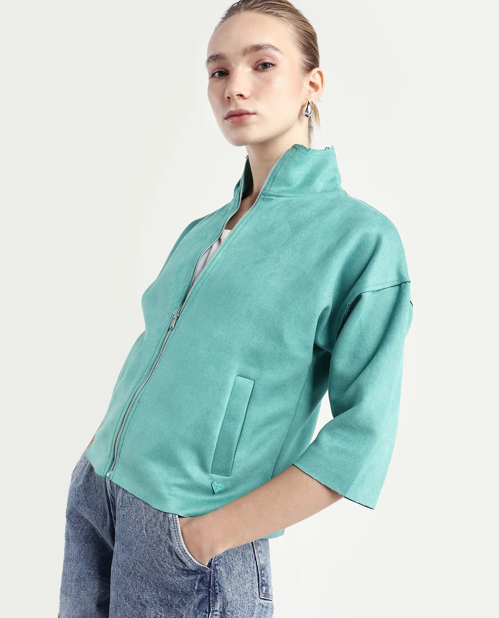 Rareism Women's Vasu 2 Light Blue Suede Stand Collar Plain Boxy Fit Jacket