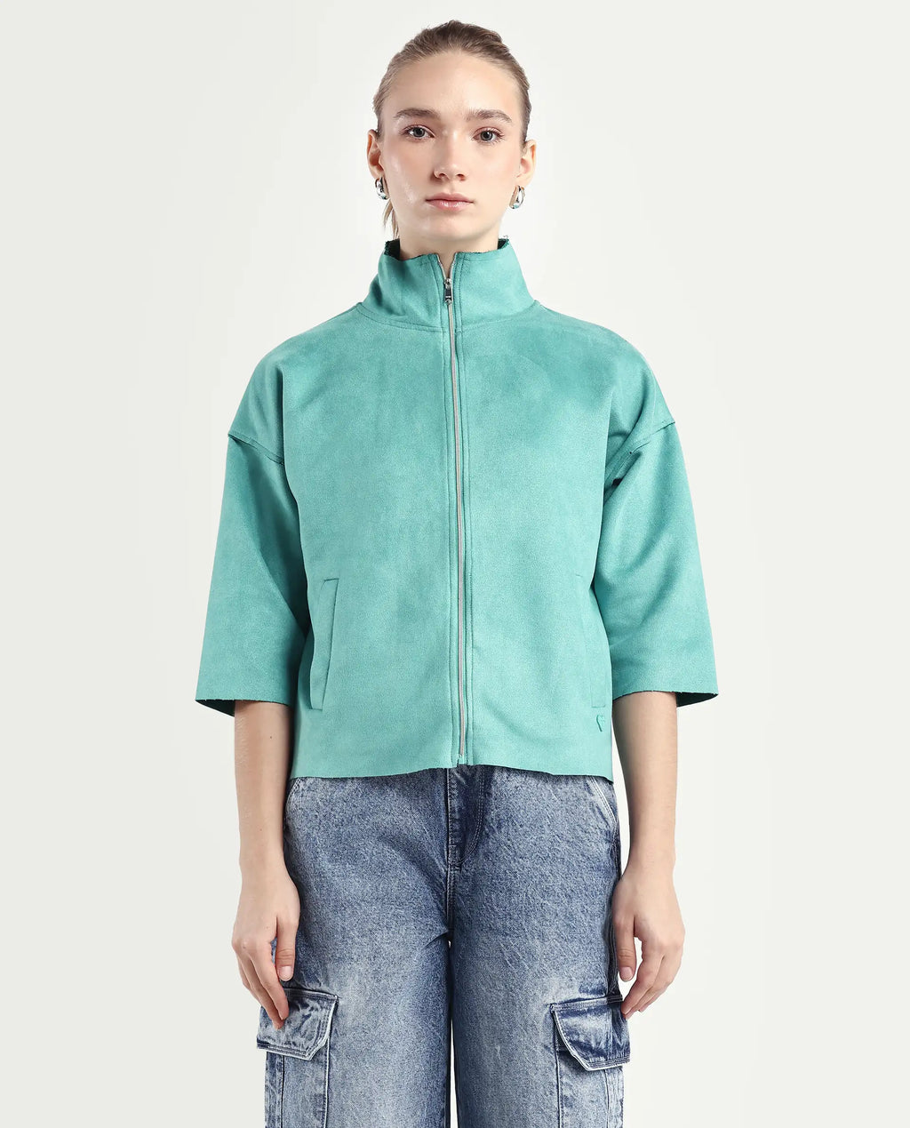 Rareism Women's Vasu 2 Light Blue Suede Stand Collar Plain Boxy Fit Jacket