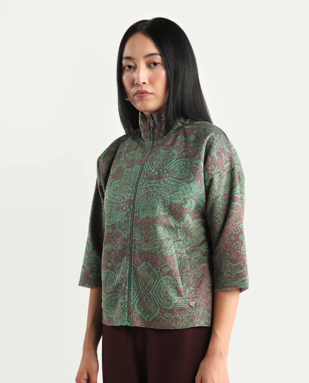 Rareism Women's Vasy Multi Suede Stand Collar Floral Print Boxy Fit Jacket
