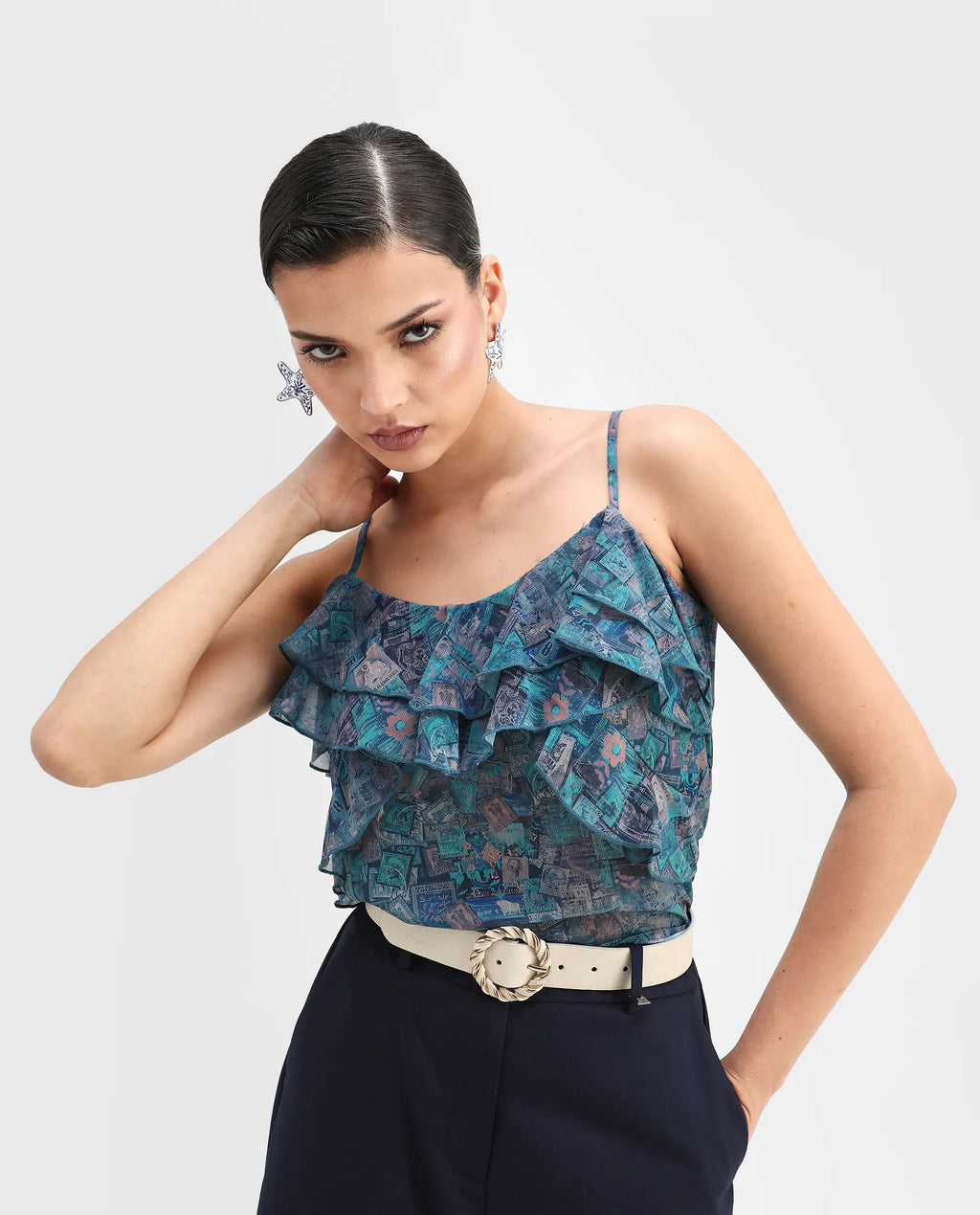 Rareism Women's Vciktg Multi Polyester V-Neck Object Print Sleeveless Regular Fit Top