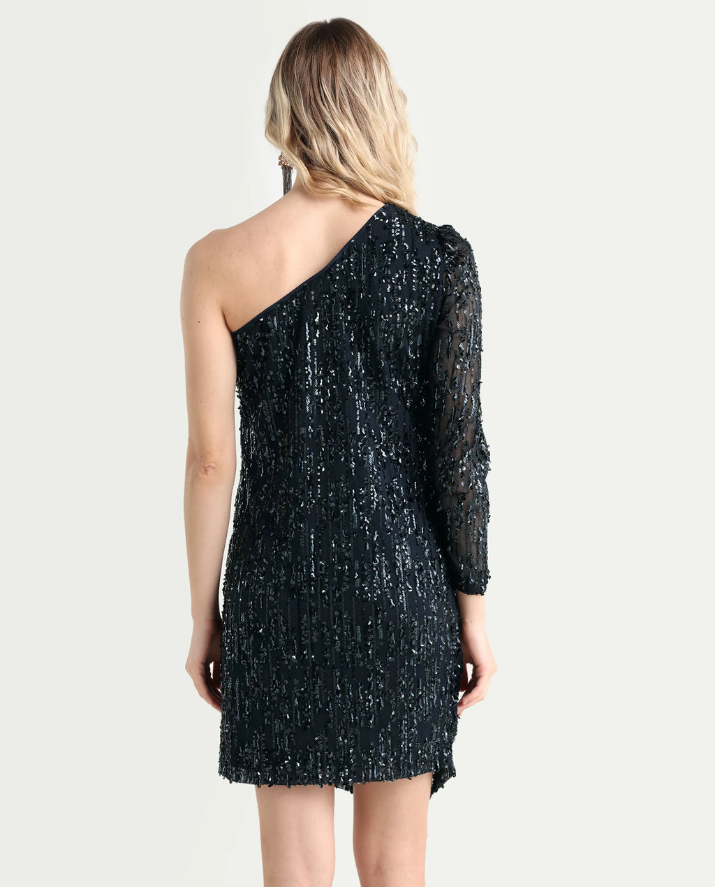 Rareism Women's Vegas Metallic Navy Knit One Shoulder Sequined One Shoulder Knee Length Bodycon Dress