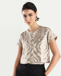 Rareism Women's Vegor Metalic Gold Polyester Blend Crew Neck Jacquard Crop Regular Fit Jacket