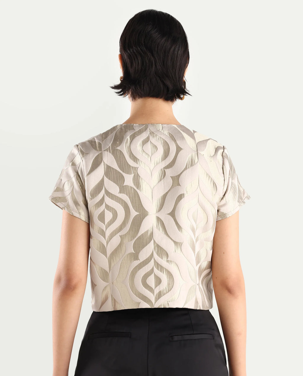 Rareism Women's Vegor Metalic Gold Polyester Blend Crew Neck Jacquard Crop Regular Fit Jacket