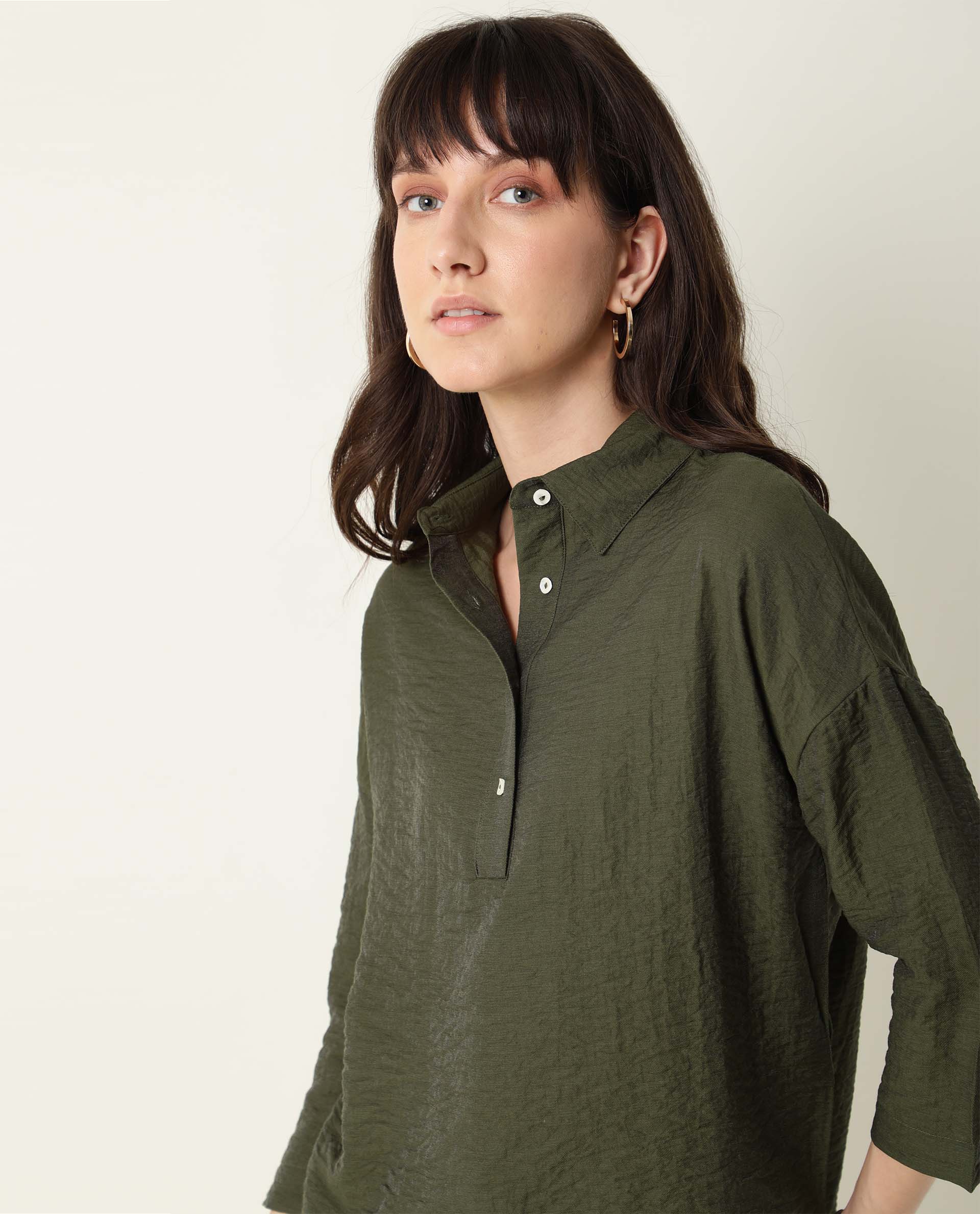 Rareism Women's Velyn Dark Green Polyester Spread Collar Textured Cuffed Sleeve Relaxed Fit Top