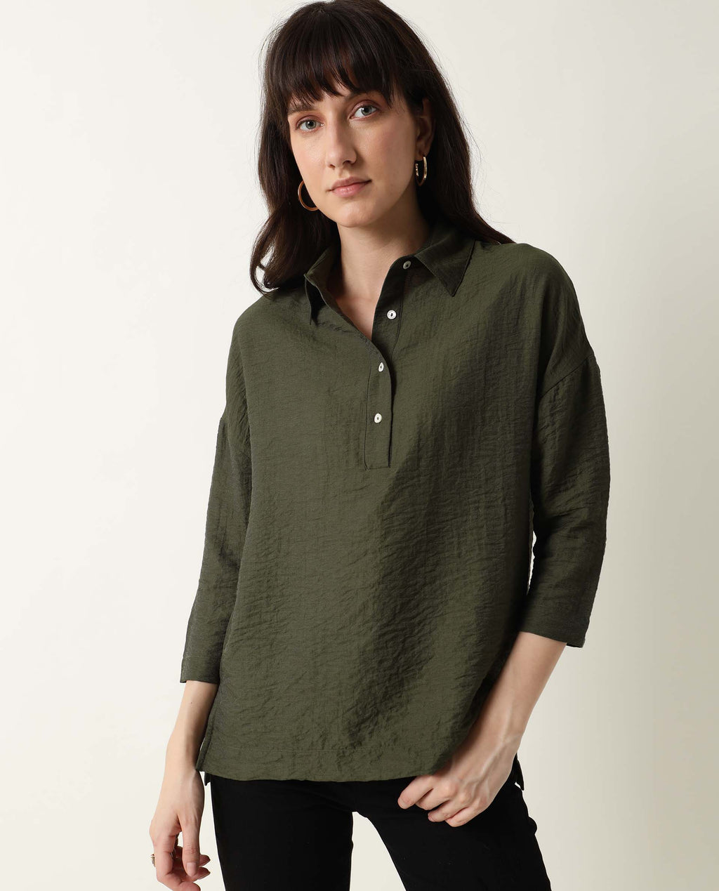 Rareism Women's Velyn Dark Green Polyester Spread Collar Textured Cuffed Sleeve Relaxed Fit Top