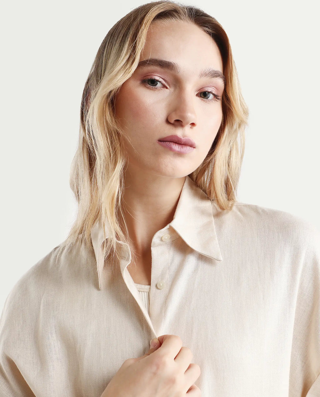 Rareism Women's Venezuela Beige Cotton Linen Drop Collar Plain Extended Sleeves Relaxed Fit Shirt