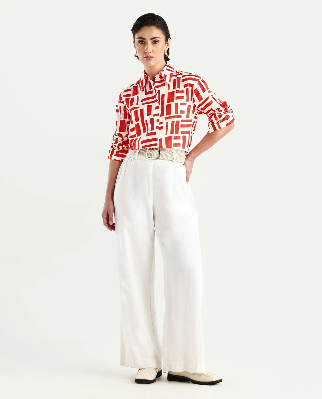 Rareism Women's Venice Red Cotton Drop Collar Geometric Print Cuffed Sleeve Regular Fit Shirt