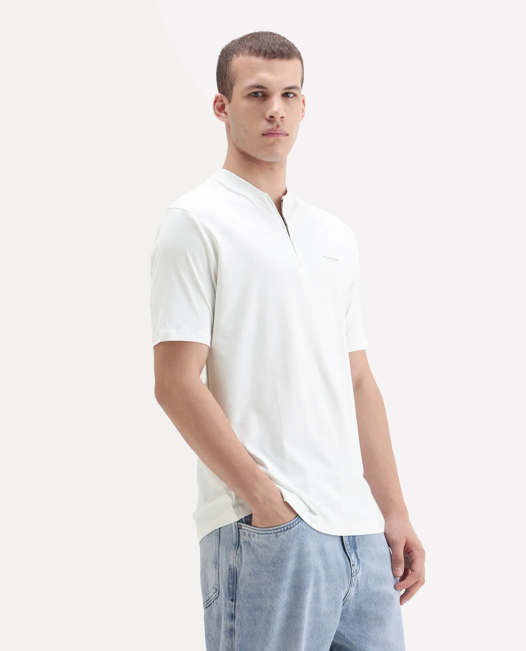 Rare Rabbit Men's Veno White Cotton Plain Regular Fit Henley Neck Half Sleeve Polo