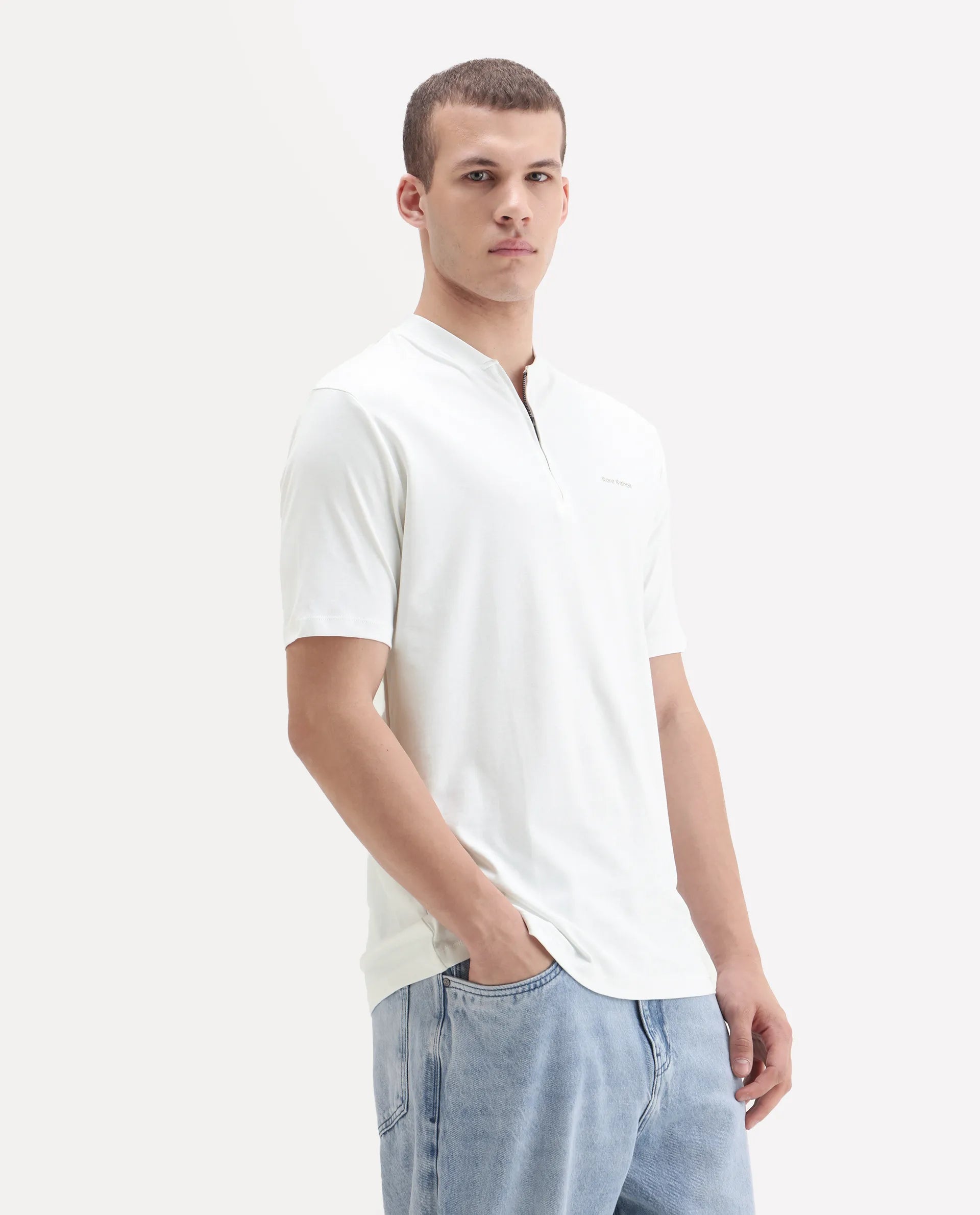 Rare Rabbit Men's Veno White Cotton Plain Regular Fit Henley Neck Half Sleeve Polo