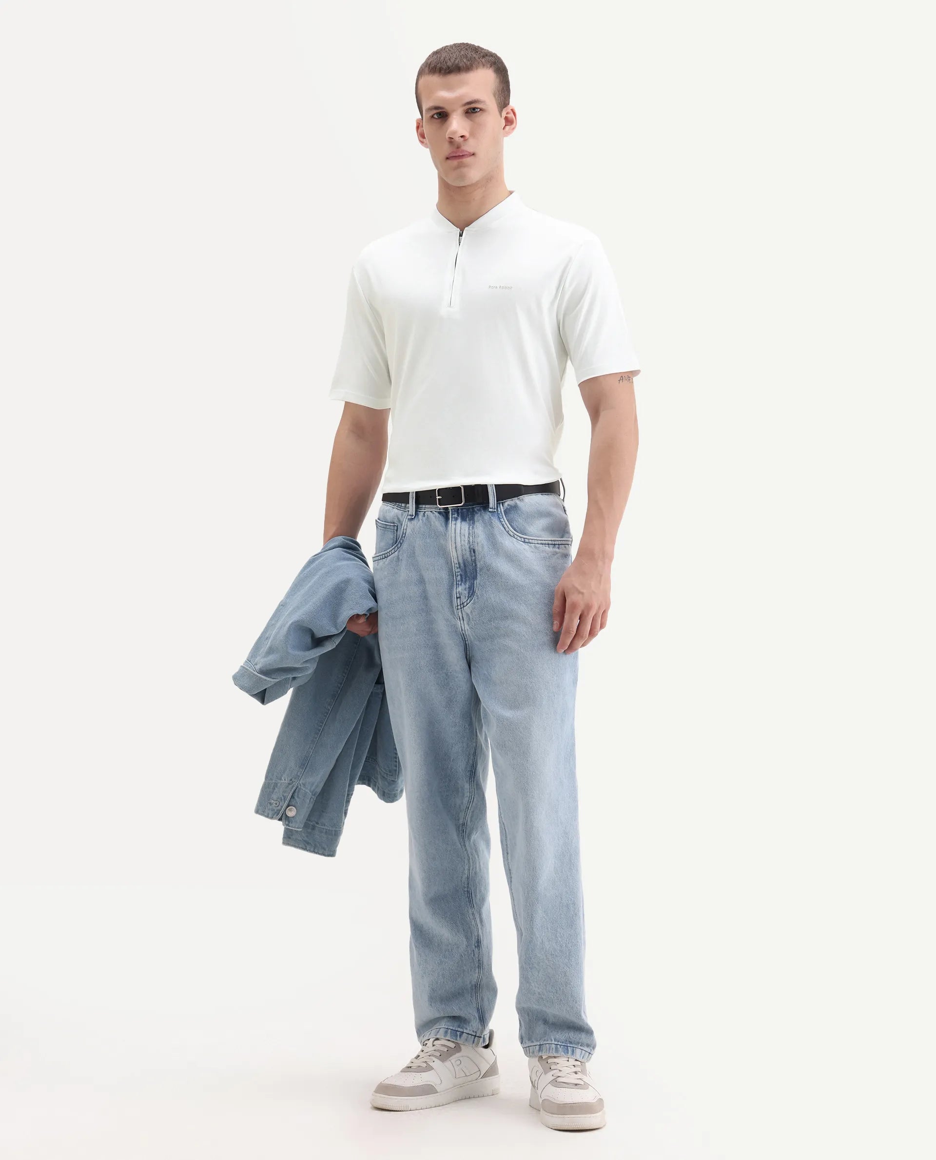Rare Rabbit Men's Veno White Cotton Plain Regular Fit Henley Neck Half Sleeve Polo