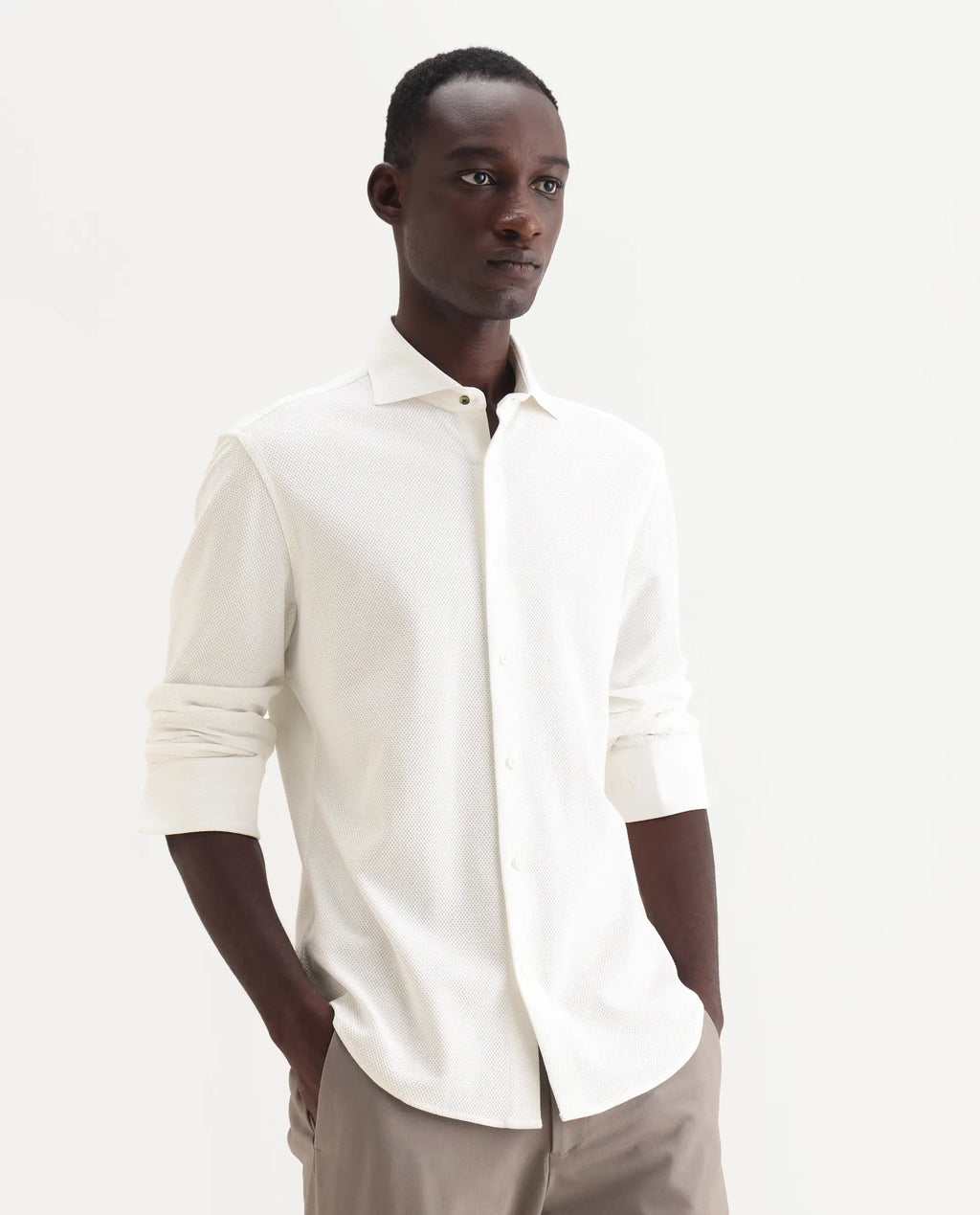 Rare Rabbit Men's Venziya-25 White Cotton Fabric Spread Collar Regular Fit Textured Shirt