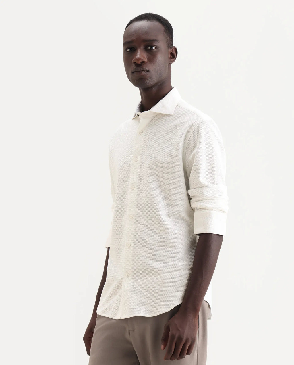 Rare Rabbit Men's Venziya-25 White Cotton Fabric Spread Collar Regular Fit Textured Shirt