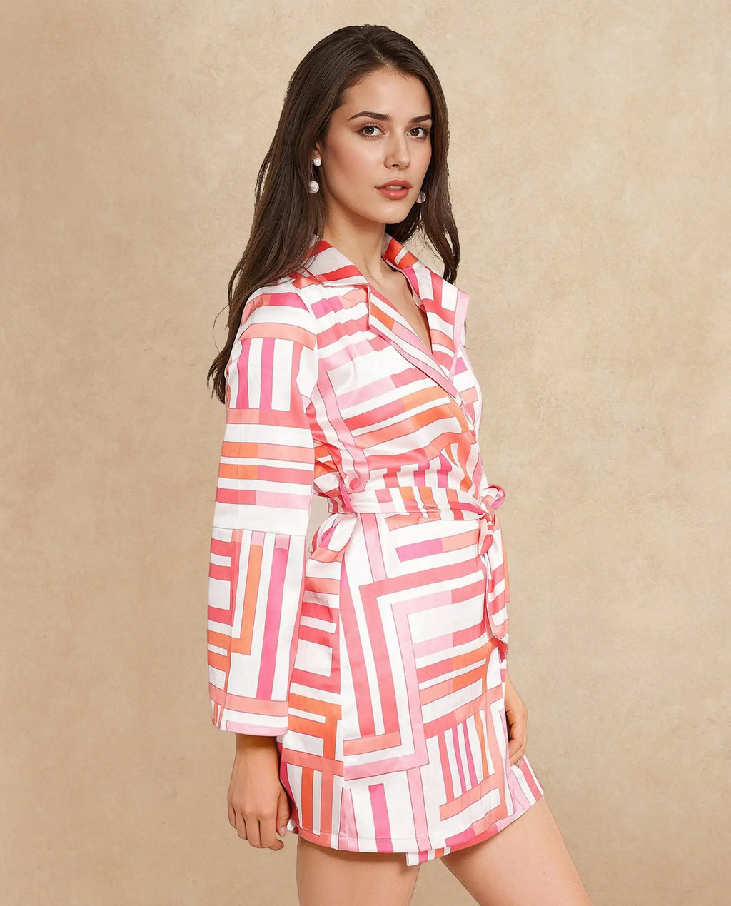 Rareism Women's Veracruz Light Multi Polyester Lapel Neck Geometric Print Bell Sleeve Mini Straight Fit Dress