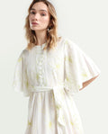 Rareism Women's Vera White Cotton Crew Neck Embroidered Bell Sleeve Maxi Fit And Flare Dress