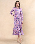 Rareism Women's Verdem Pastel Multi Polyester Blend Drop Collar Floral Print Bishop Sleeve Maxi Flared Dress