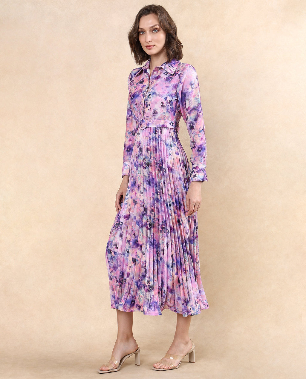 Rareism Women's Verdem Pastel Multi Polyester Blend Drop Collar Floral Print Bishop Sleeve Maxi Flared Dress