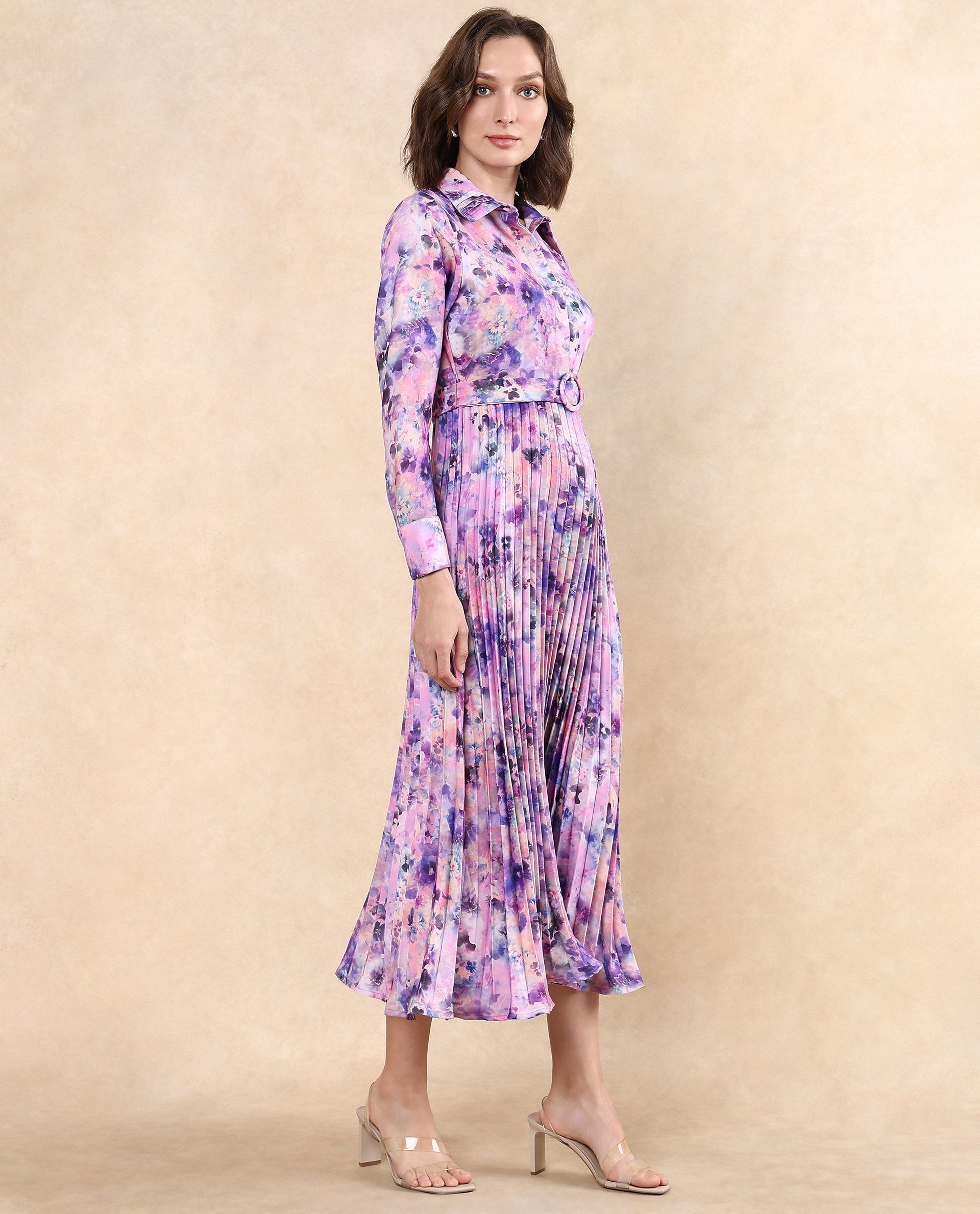 Rareism Women's Verdem Pastel Multi Polyester Blend Drop Collar Floral Print Bishop Sleeve Maxi Flared Dress