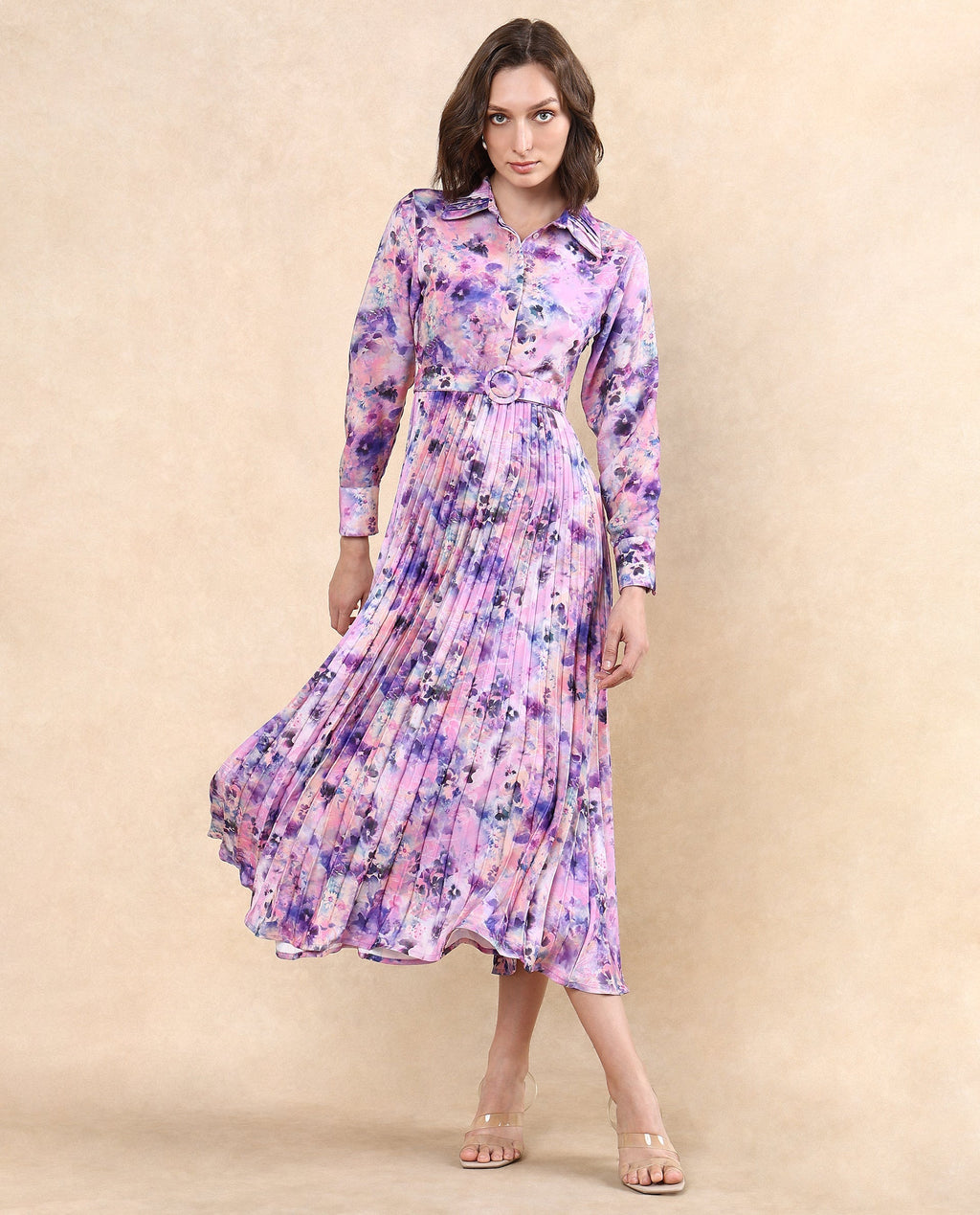 Rareism Women's Verdem Pastel Multi Polyester Blend Drop Collar Floral Print Bishop Sleeve Maxi Flared Dress