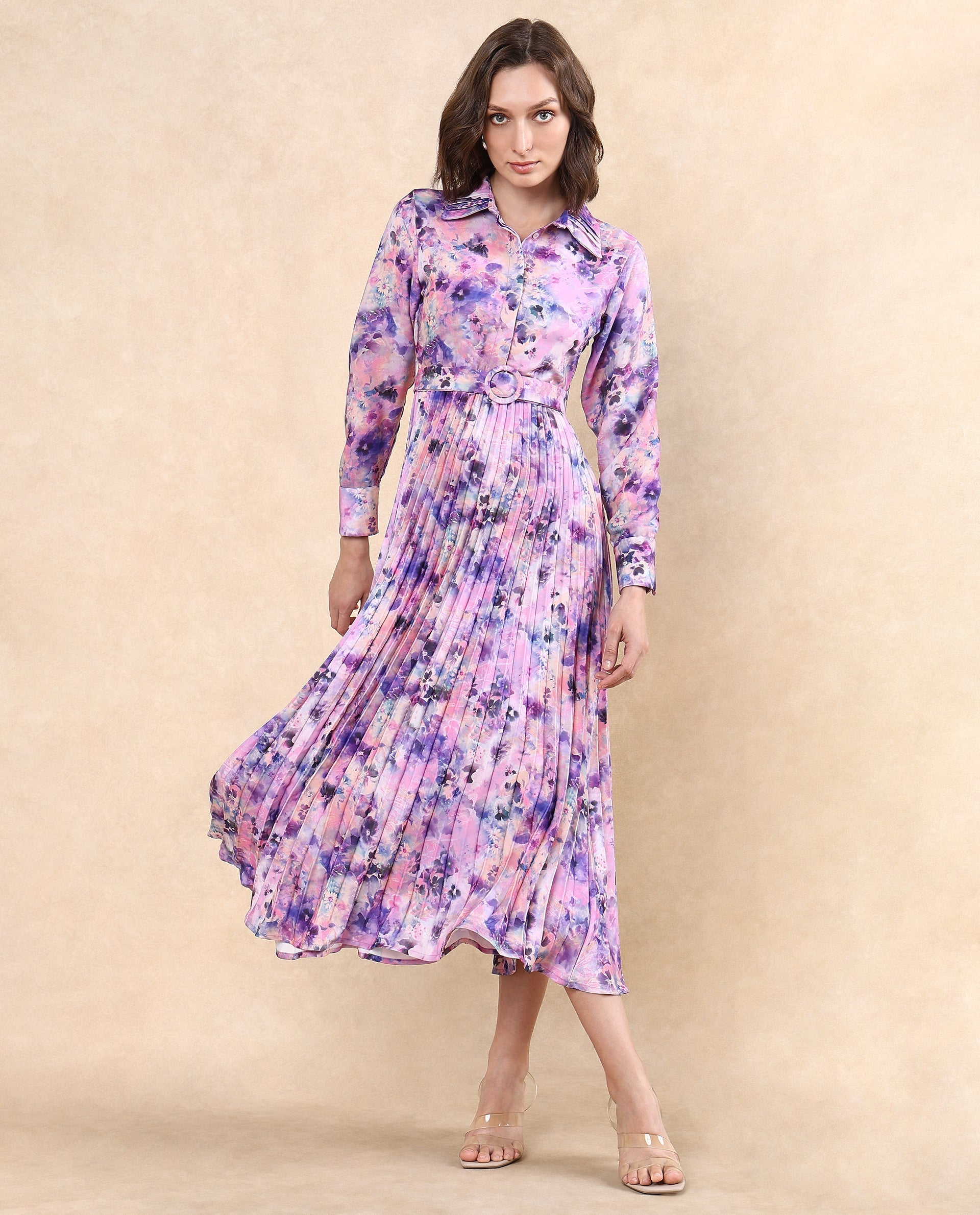Rareism Women's Verdem Pastel Multi Polyester Blend Drop Collar Floral Print Bishop Sleeve Maxi Flared Dress