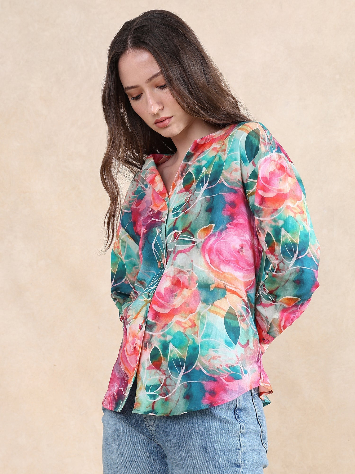 Rareism Women's Verona Multi Cotton Mandarin Collar Abstract Print Cuffed Sleeve Regular Fit Shirt