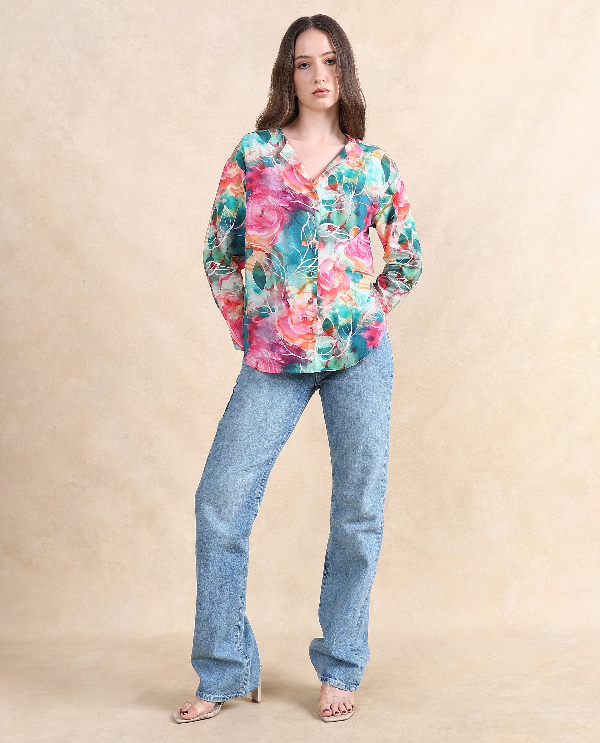 Rareism Women's Verona Multi Cotton Mandarin Collar Abstract Print Cuffed Sleeve Regular Fit Shirt
