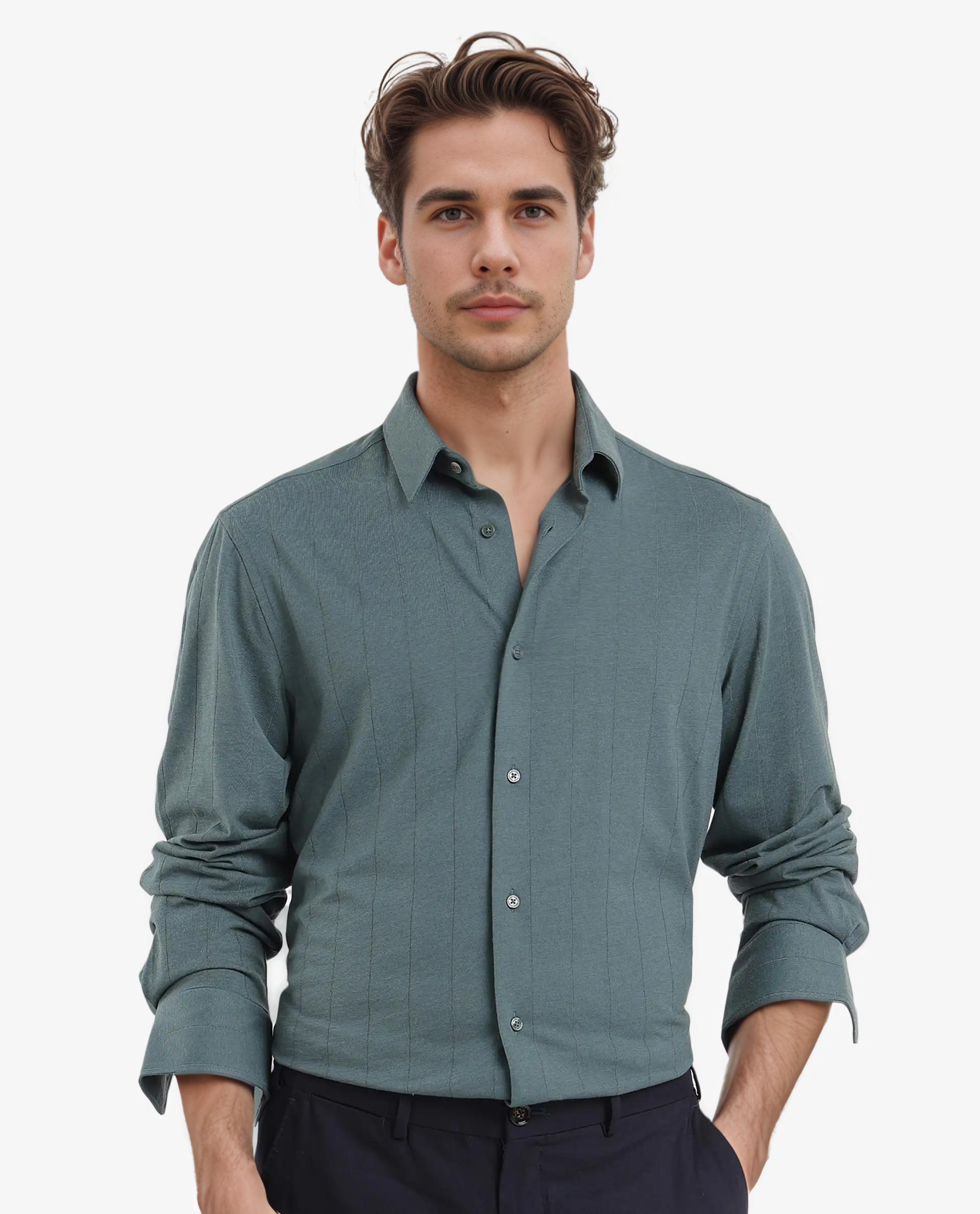 Rare Rabbit Men's Vert-3 Dusky Green Cotton Plain Regular Fit Full Sleeve Collared Shirt