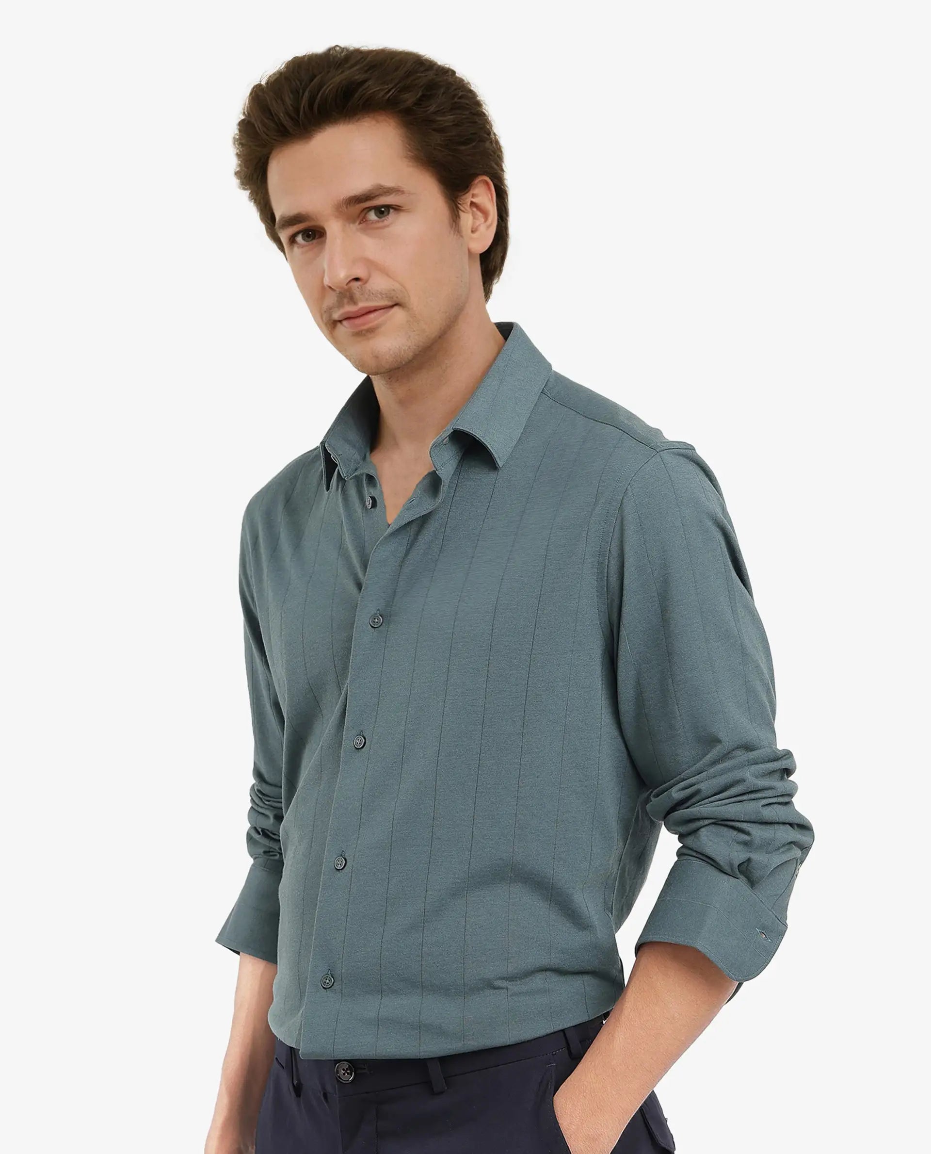 Rare Rabbit Men's Vert-3 Dusky Green Cotton Plain Regular Fit Full Sleeve Collared Shirt