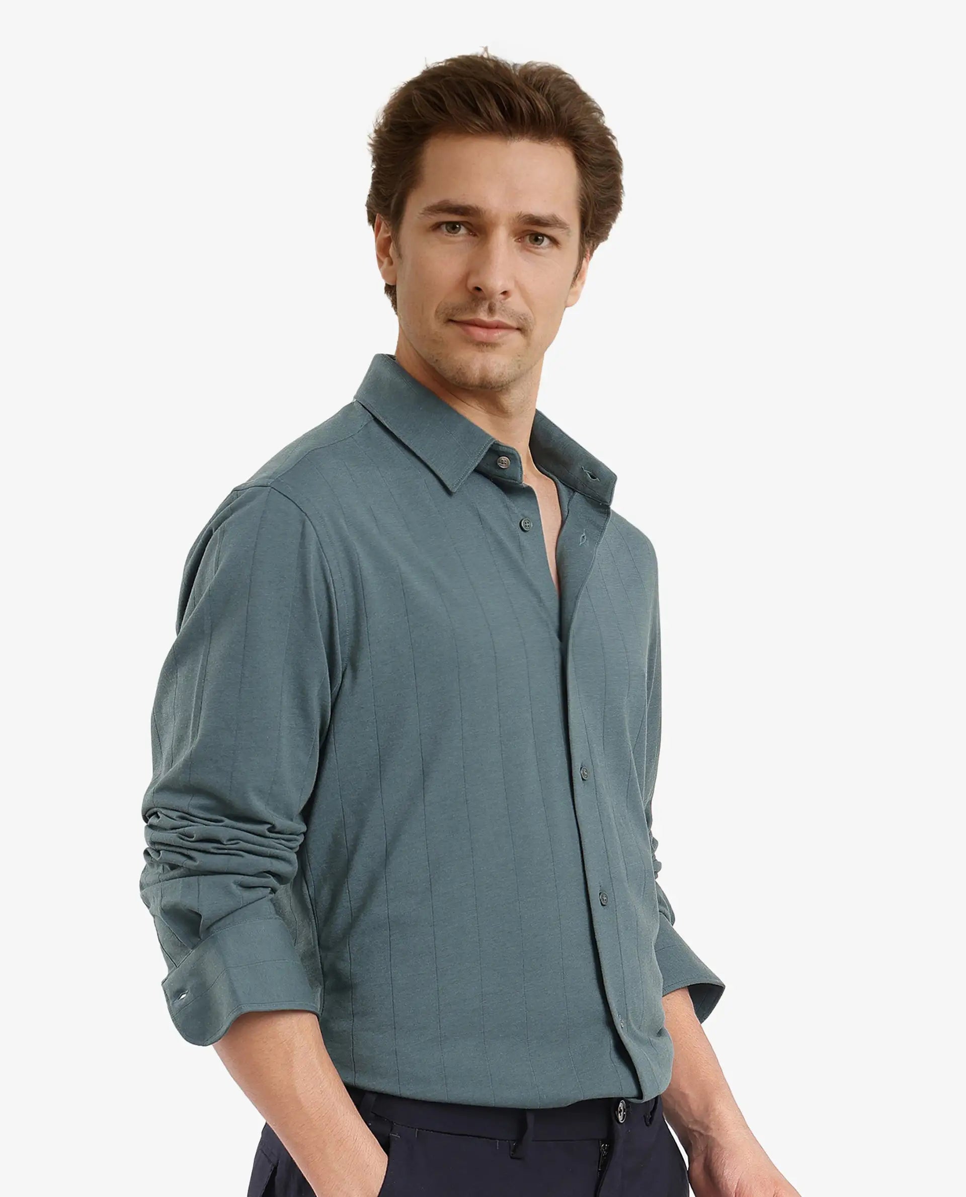 Rare Rabbit Men's Vert-3 Dusky Green Cotton Plain Regular Fit Full Sleeve Collared Shirt