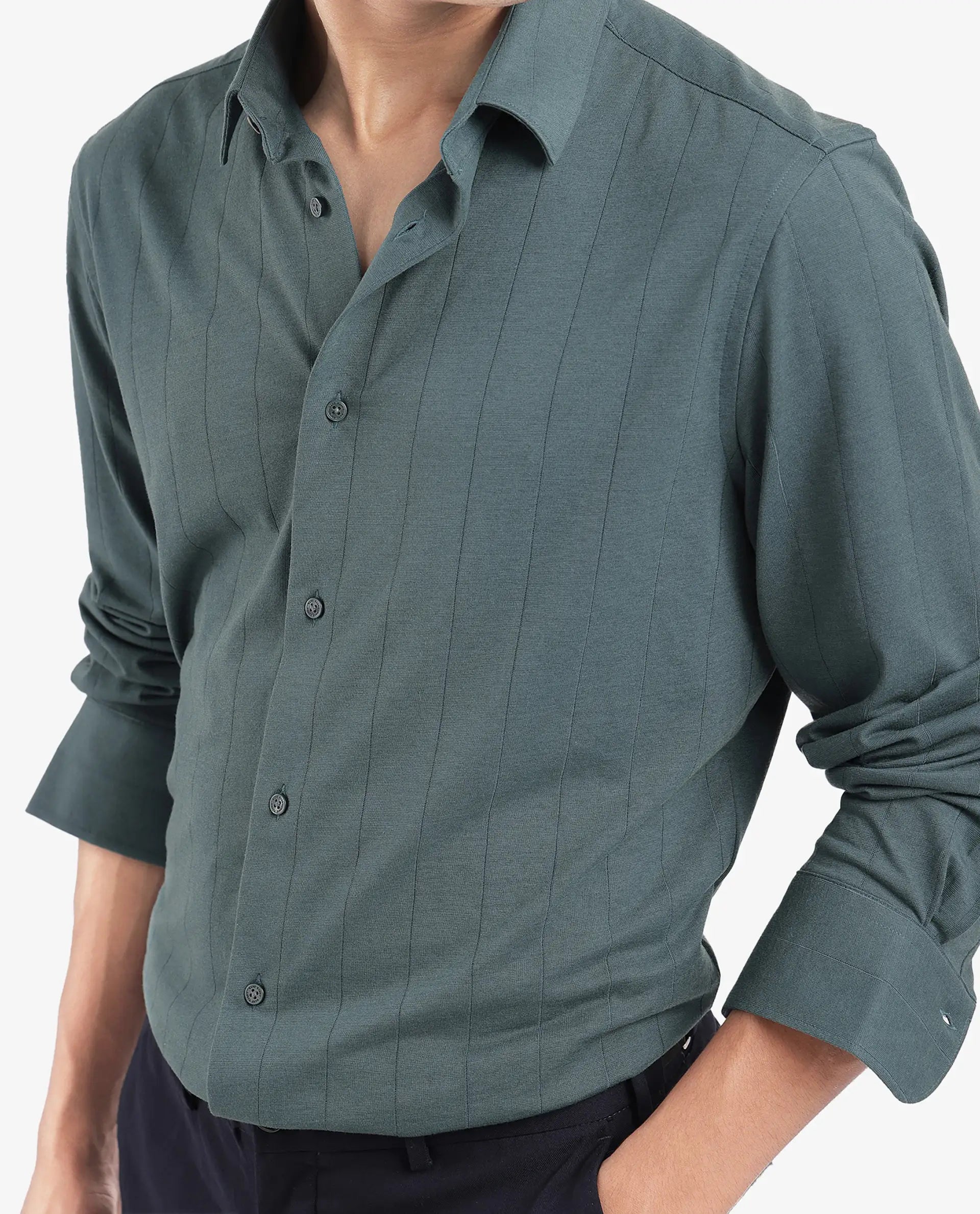 Rare Rabbit Men's Vert-3 Dusky Green Cotton Plain Regular Fit Full Sleeve Collared Shirt