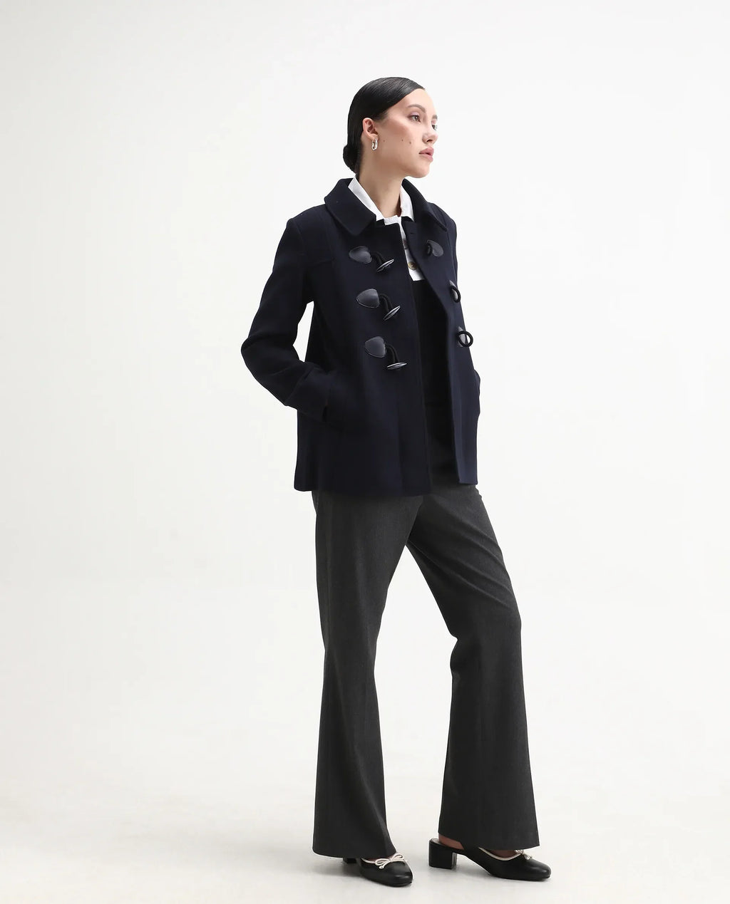 Rareism Women's Viaro Navy Polyester Collared Neck Regular Fit Plain Jacket
