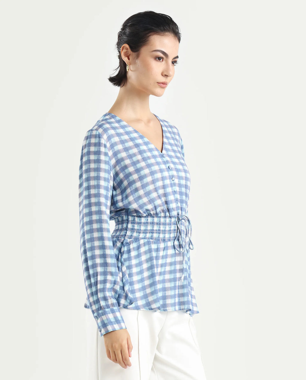 Rareism Women's Vibooy Blue Rayon V-Neck Flannel Print Cuffed Sleeve Regular Fit Top