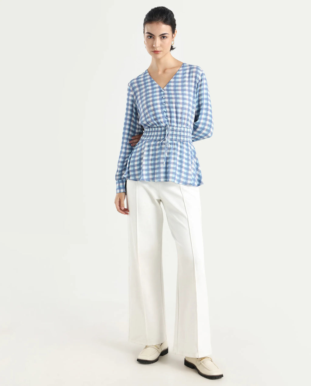 Rareism Women's Vibooy Blue Rayon V-Neck Flannel Print Cuffed Sleeve Regular Fit Top