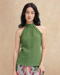 Rareism Women's Vicenza Dark Green Polyester Halter Neck Plain Sleeveless Regular Fit Top