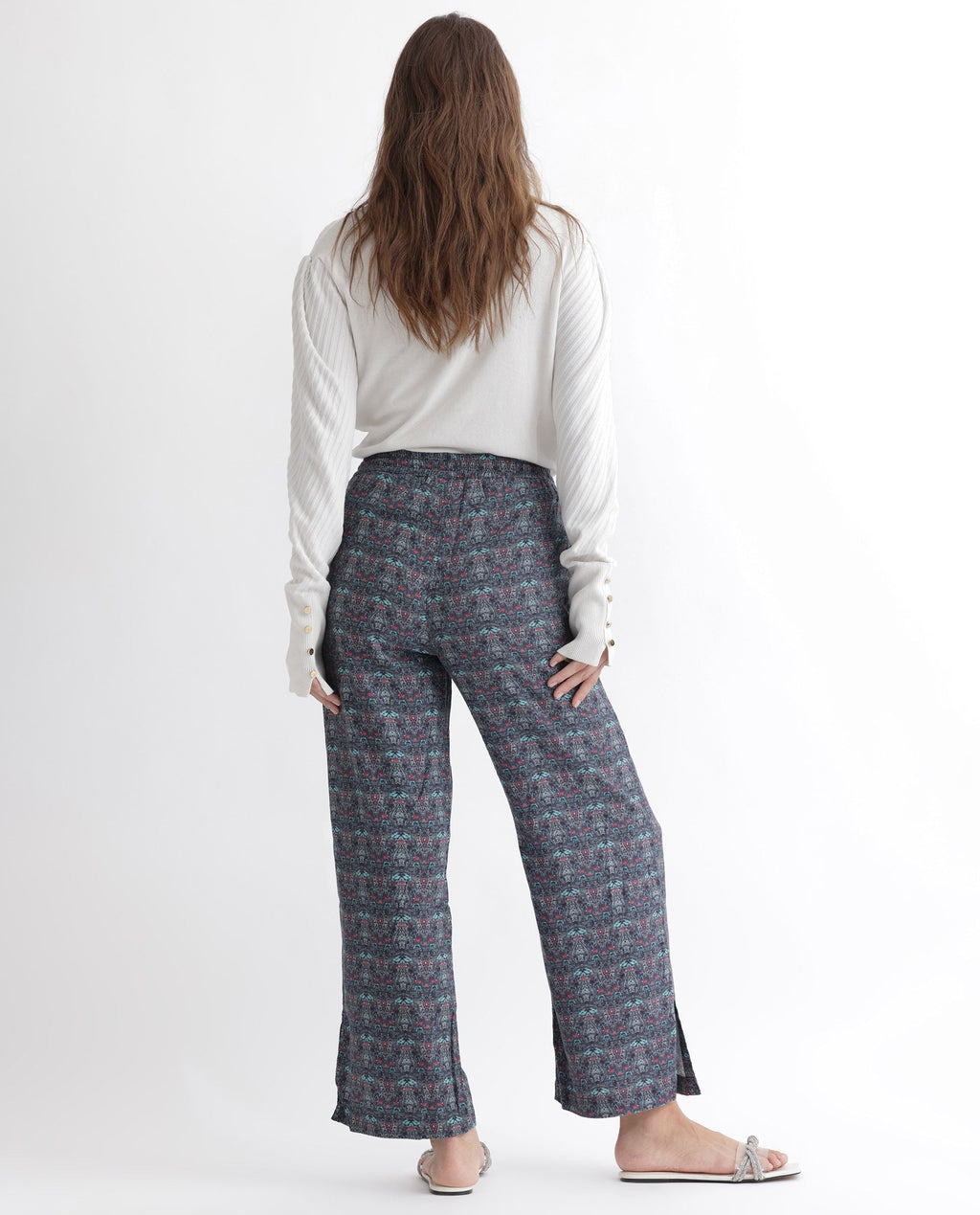 Rareism Women's Victo Grey Cotton Geometric Print Ankle Length Tailored Trouser