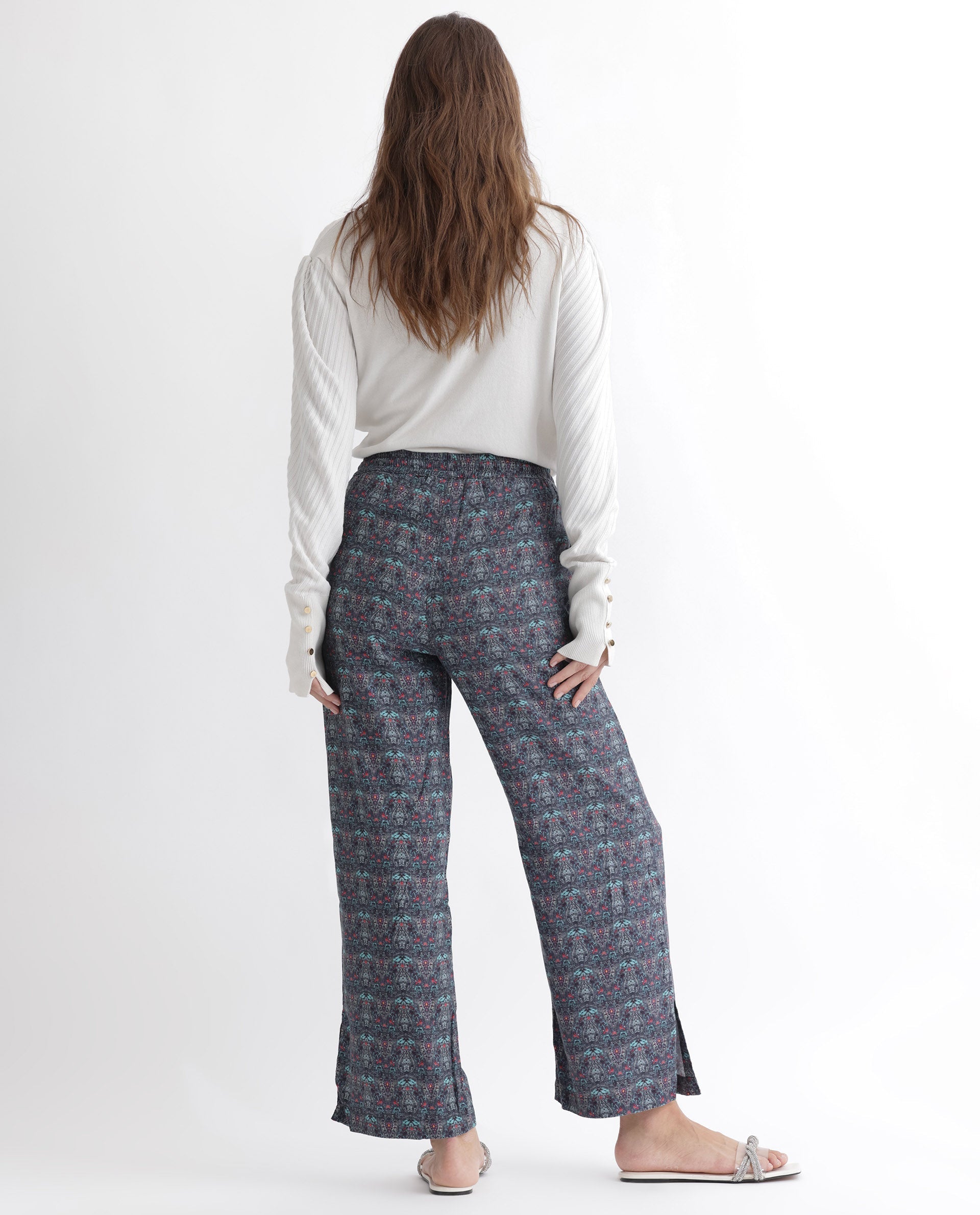 Rareism Women's Victo Grey Cotton Geometric Print Ankle Length Tailored Trouser