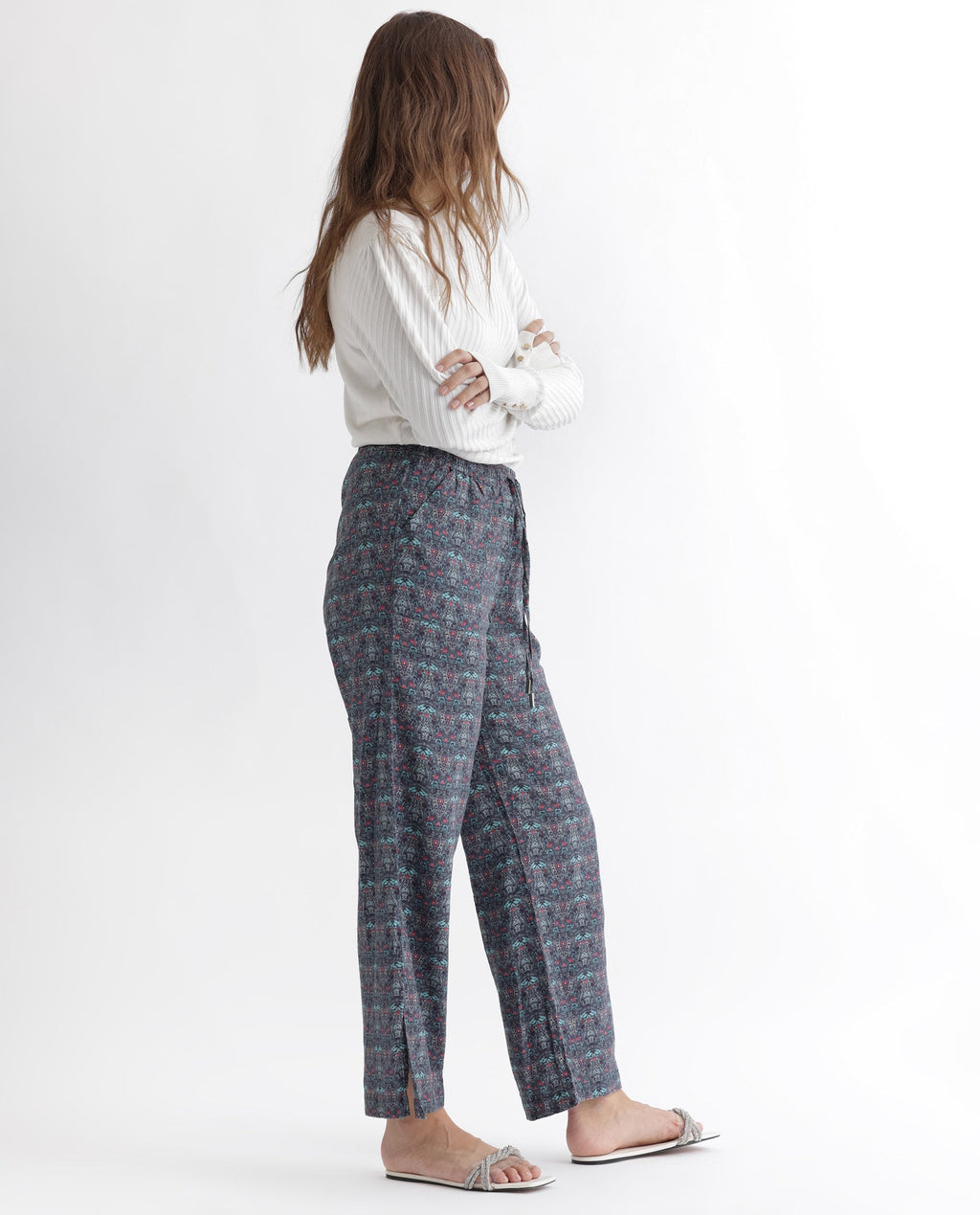 Rareism Women's Victo Grey Cotton Geometric Print Ankle Length Tailored Trouser