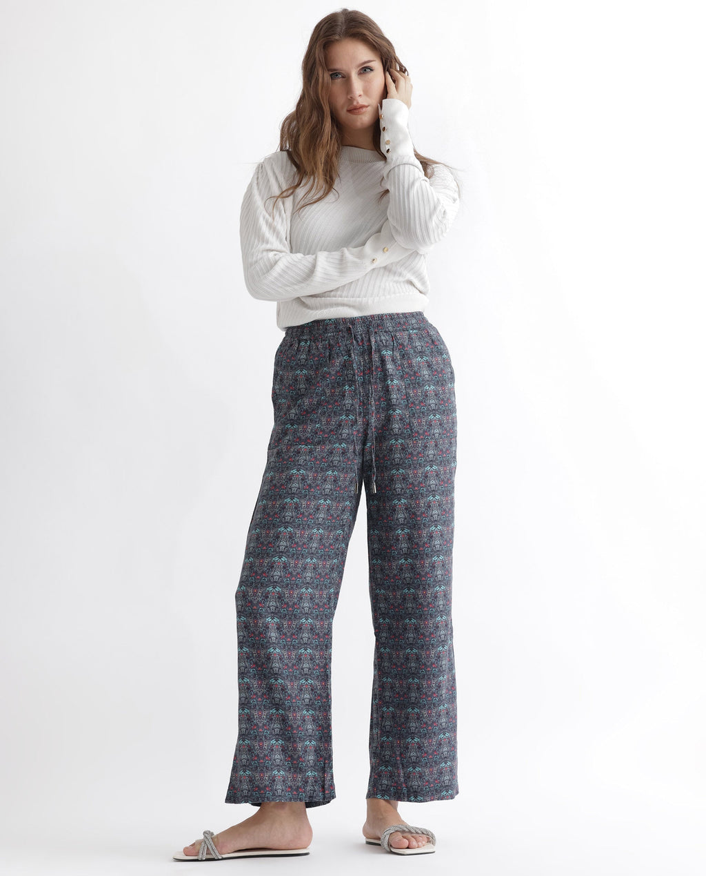 Rareism Women's Victo Grey Cotton Geometric Print Ankle Length Tailored Trouser
