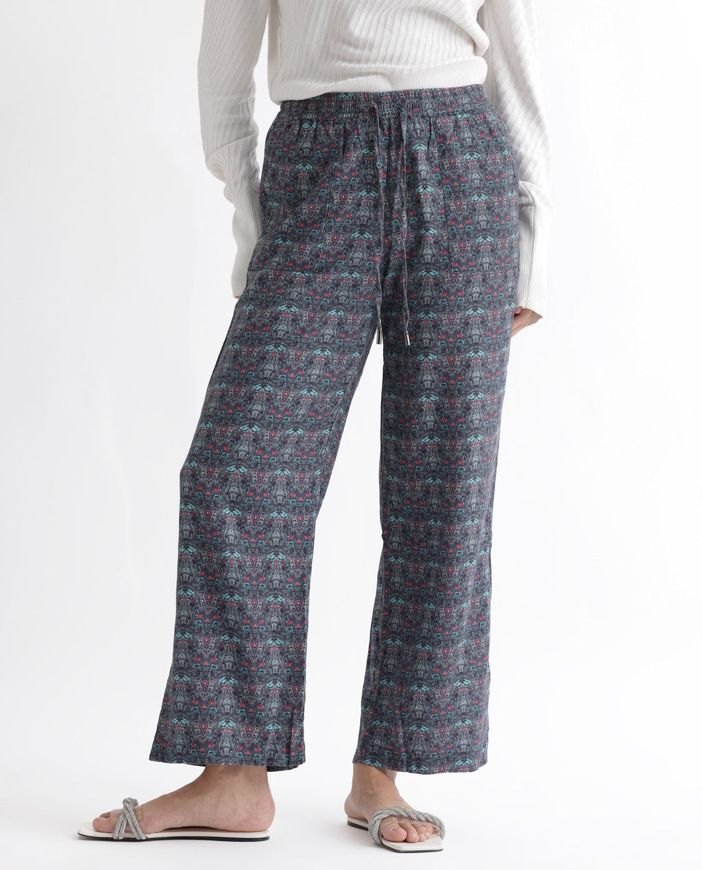 Rareism Women's Victo Grey Cotton Geometric Print Ankle Length Tailored Trouser