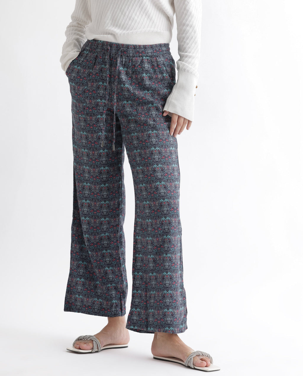 Rareism Women's Victo Grey Cotton Geometric Print Ankle Length Tailored Trouser