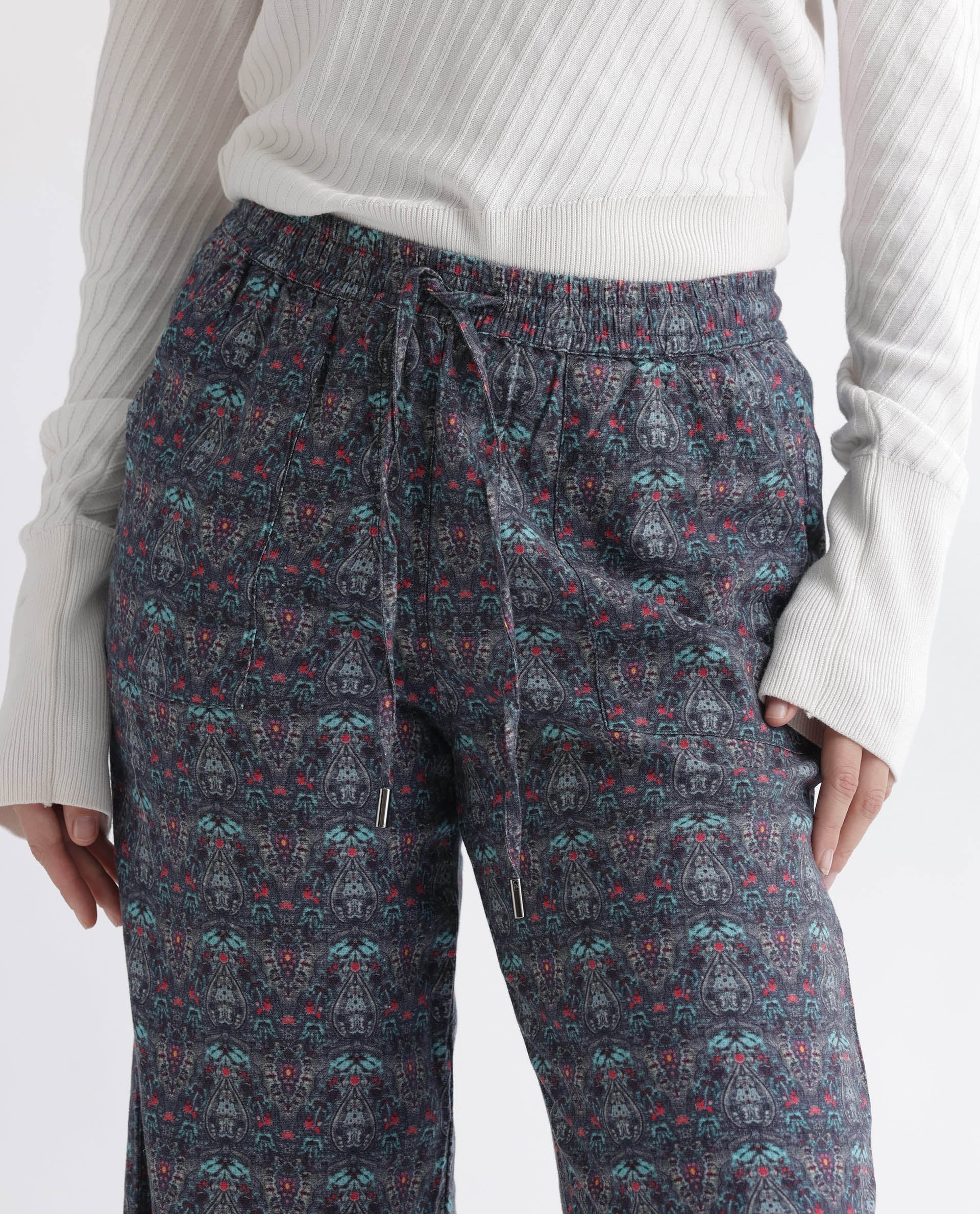 Rareism Women's Victo Grey Cotton Geometric Print Ankle Length Tailored Trouser