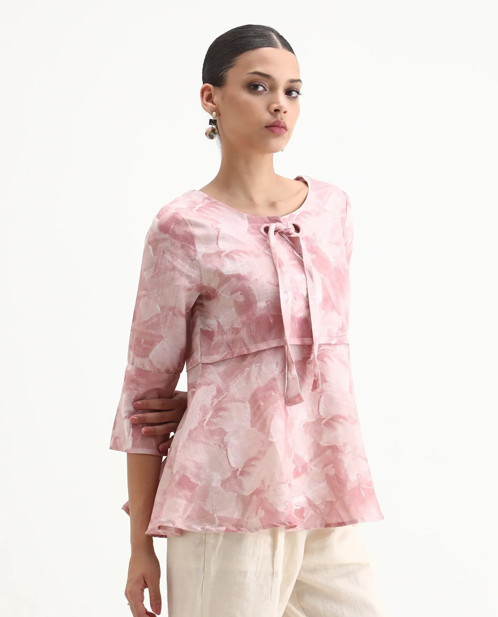 Rareism Women's Victor Pink Sweetheart Neck Printed Tailored Top