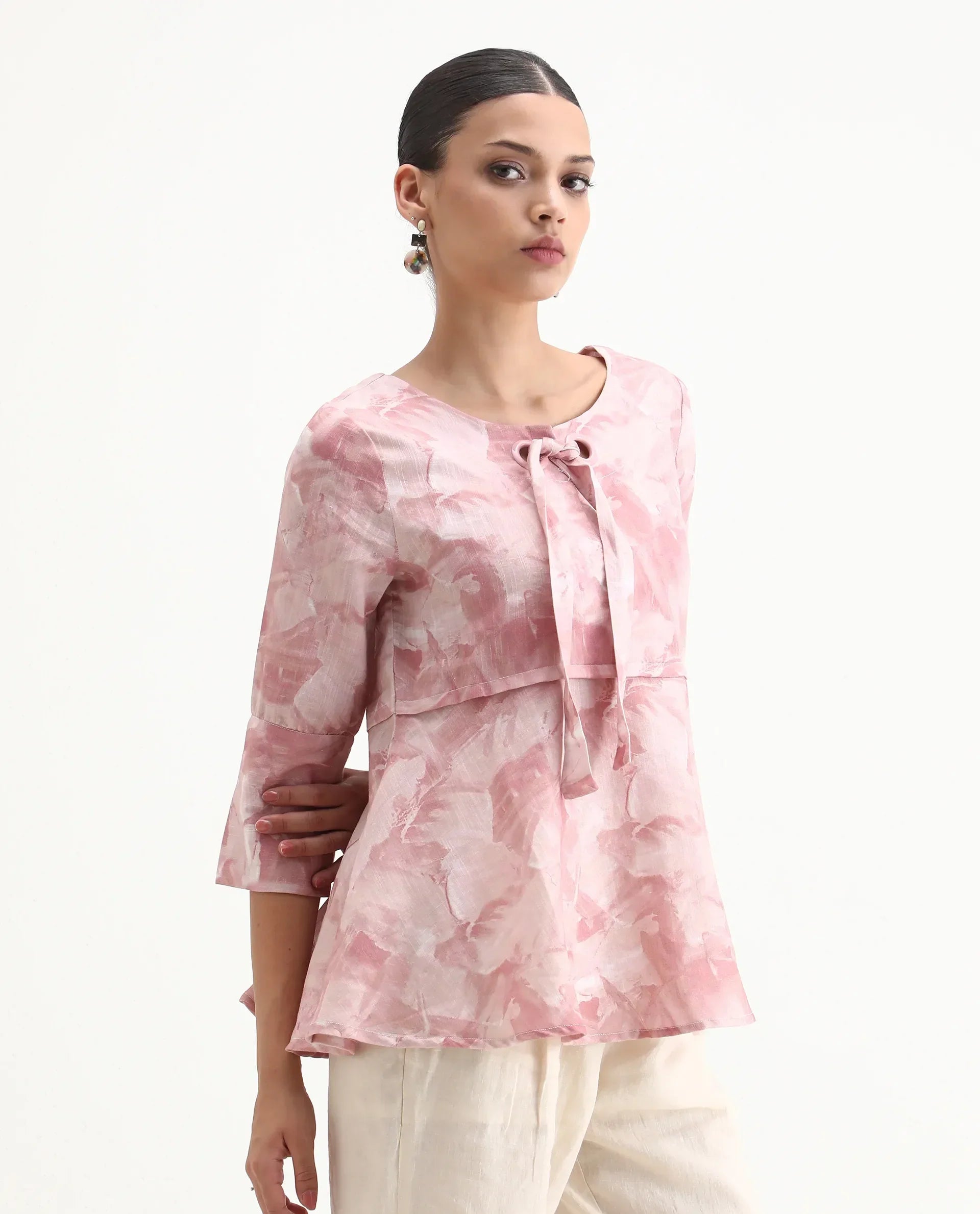 Rareism Women's Victor Pink Sweetheart Neck Printed Tailored Top