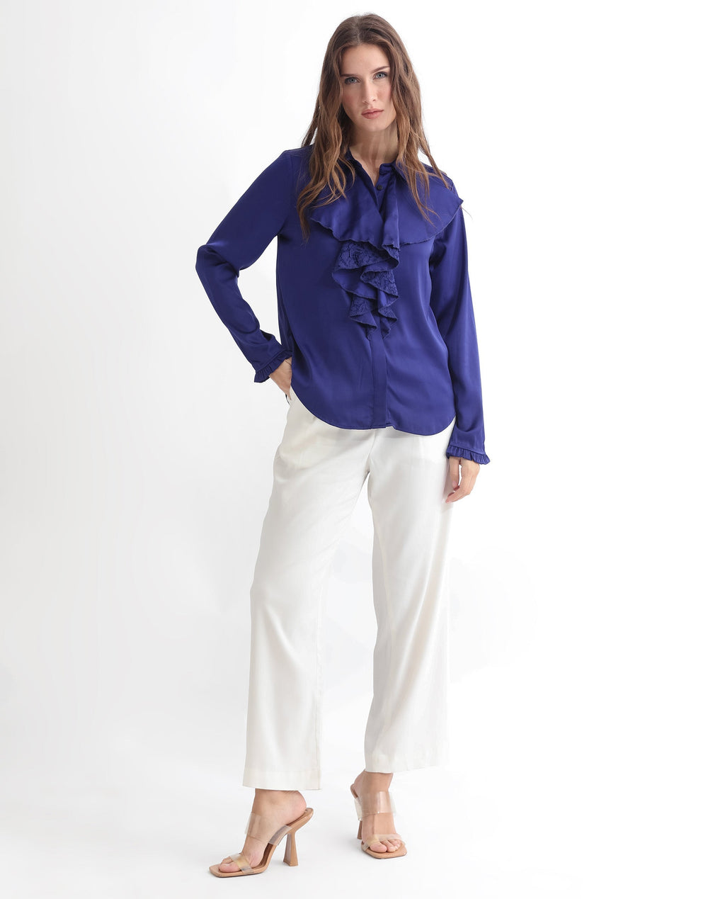 Rareism Women's Uitson Dark Blue Polyester Sweetheart Neck Plain Raglan Sleeve Relaxed Fit Top