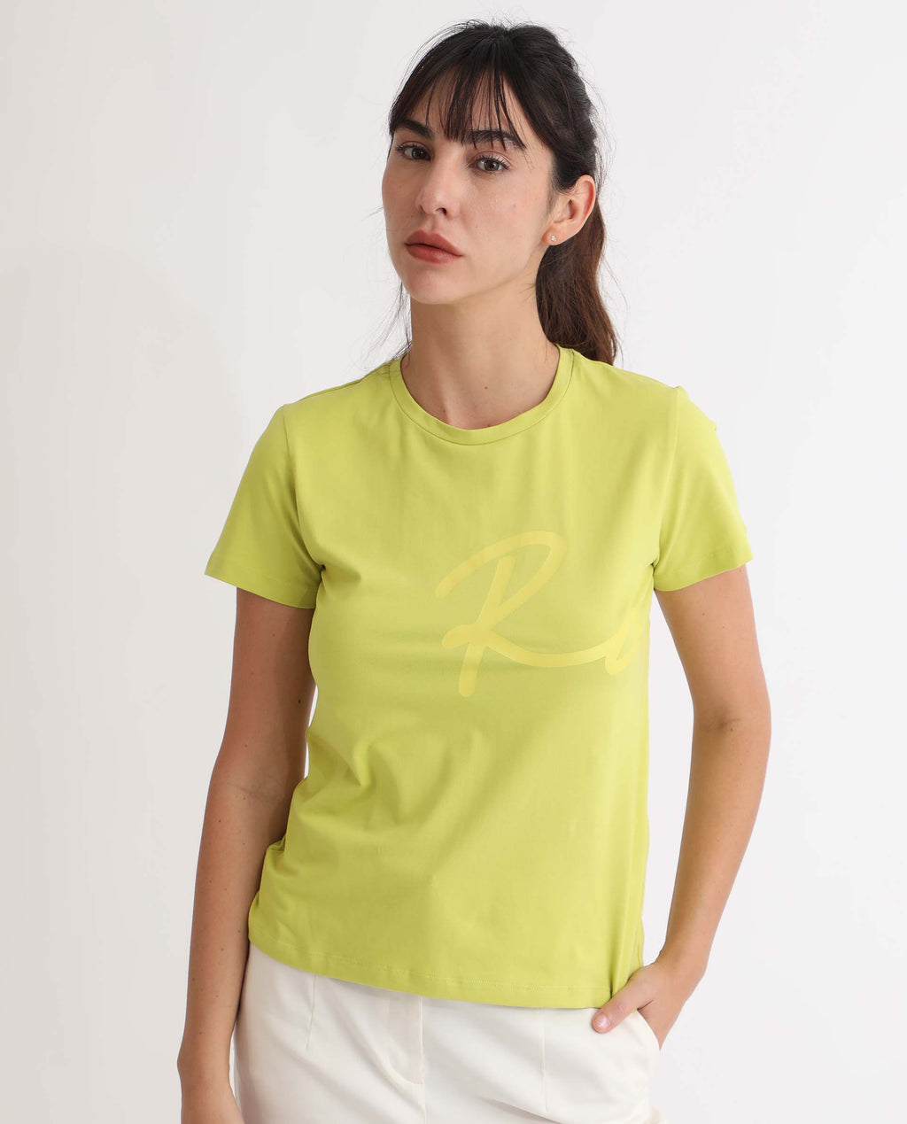 Rareism Women's Vivian Flouroscent Green Cotton Crew Neck Graphic Print Regular Fit T-Shirt