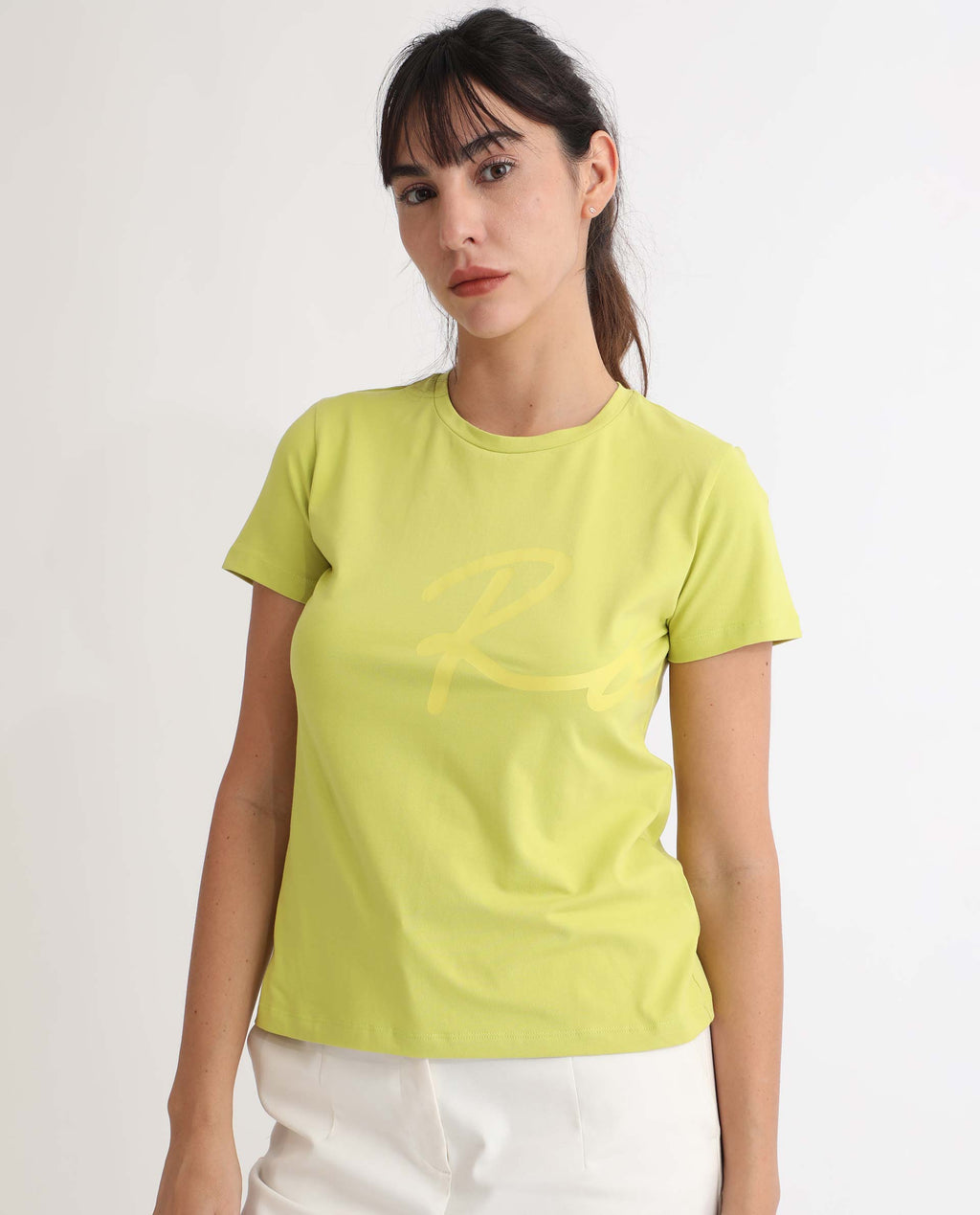 Rareism Women's Vivian Flouroscent Green Cotton Crew Neck Graphic Print Regular Fit T-Shirt