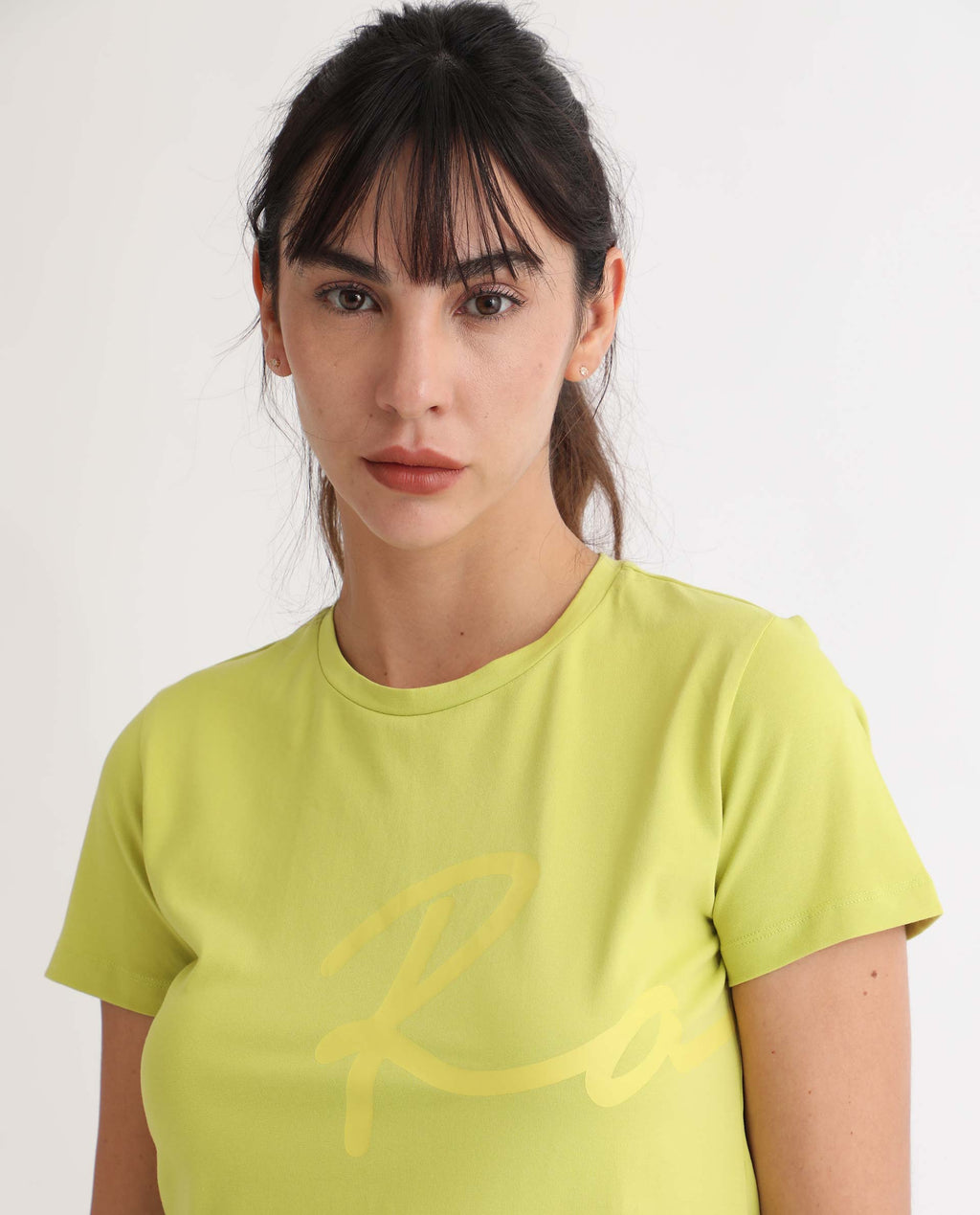 Rareism Women's Vivian Flouroscent Green Cotton Crew Neck Graphic Print Regular Fit T-Shirt
